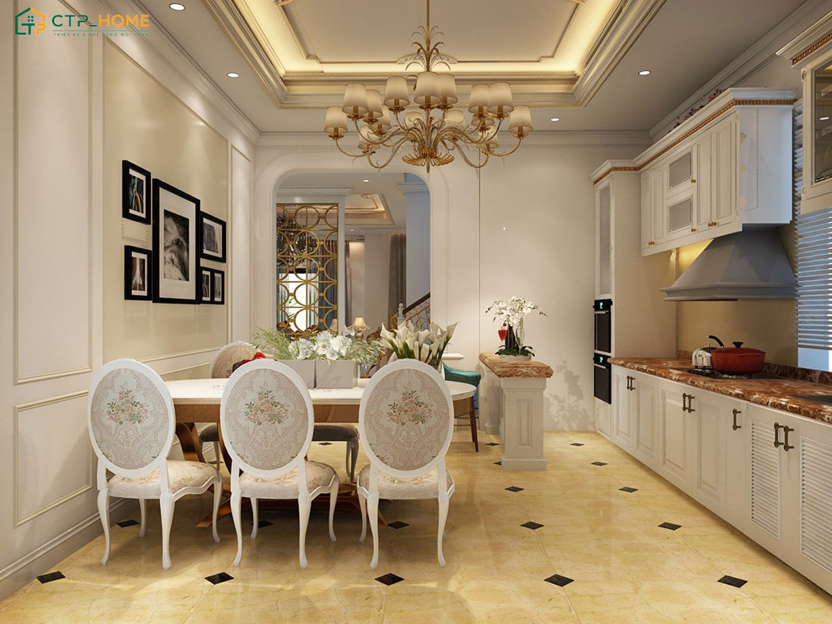 Mẫu thiết kế bếp chung cư cổ điển cực kỳ sang trọng có bàn ăn rộng rãi cho cả gia đình tụ họp