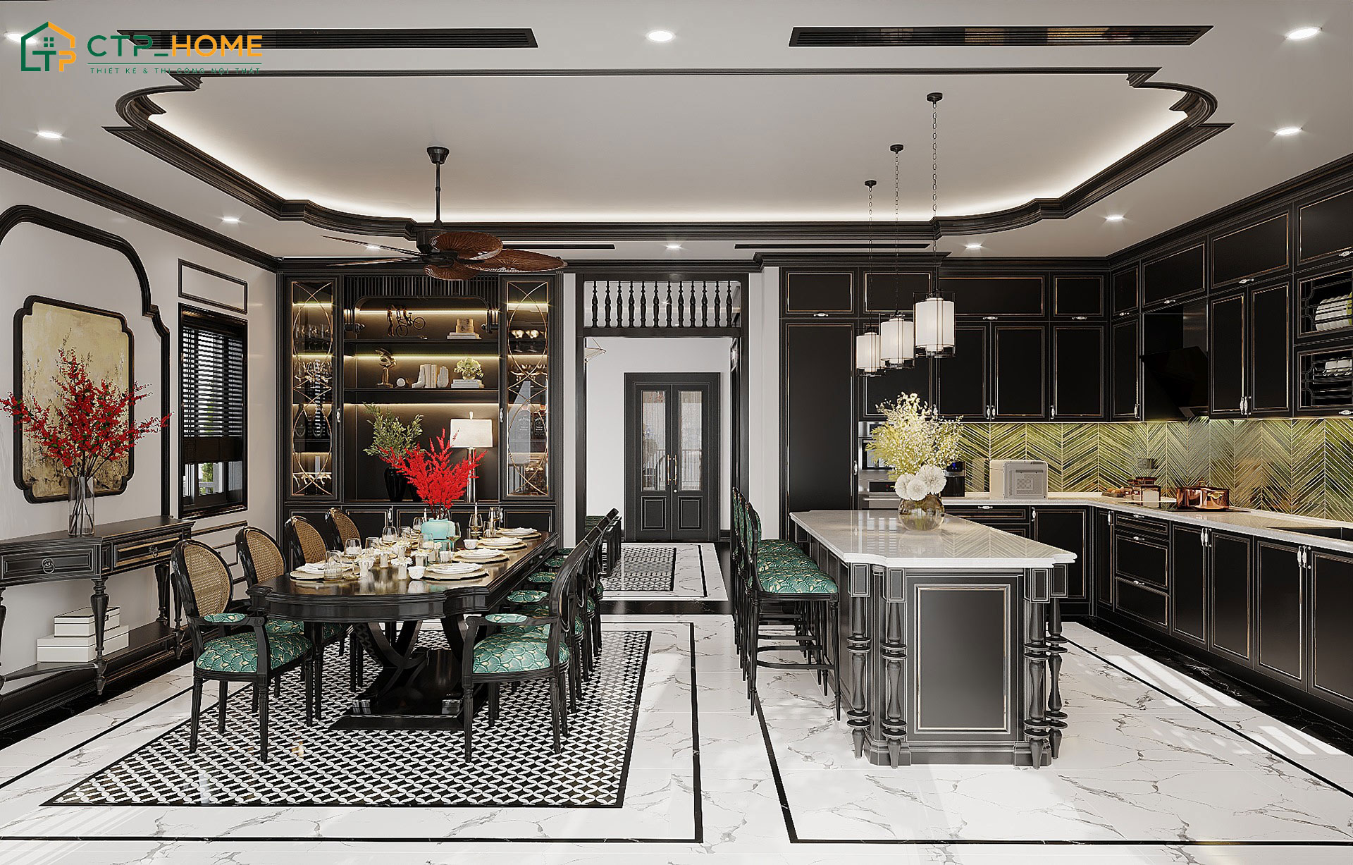 Mẫu thiết kế phòng bếp chung cư phong cách Indochine cho những gia đình yêu thích không gian có nhiều chi tiết