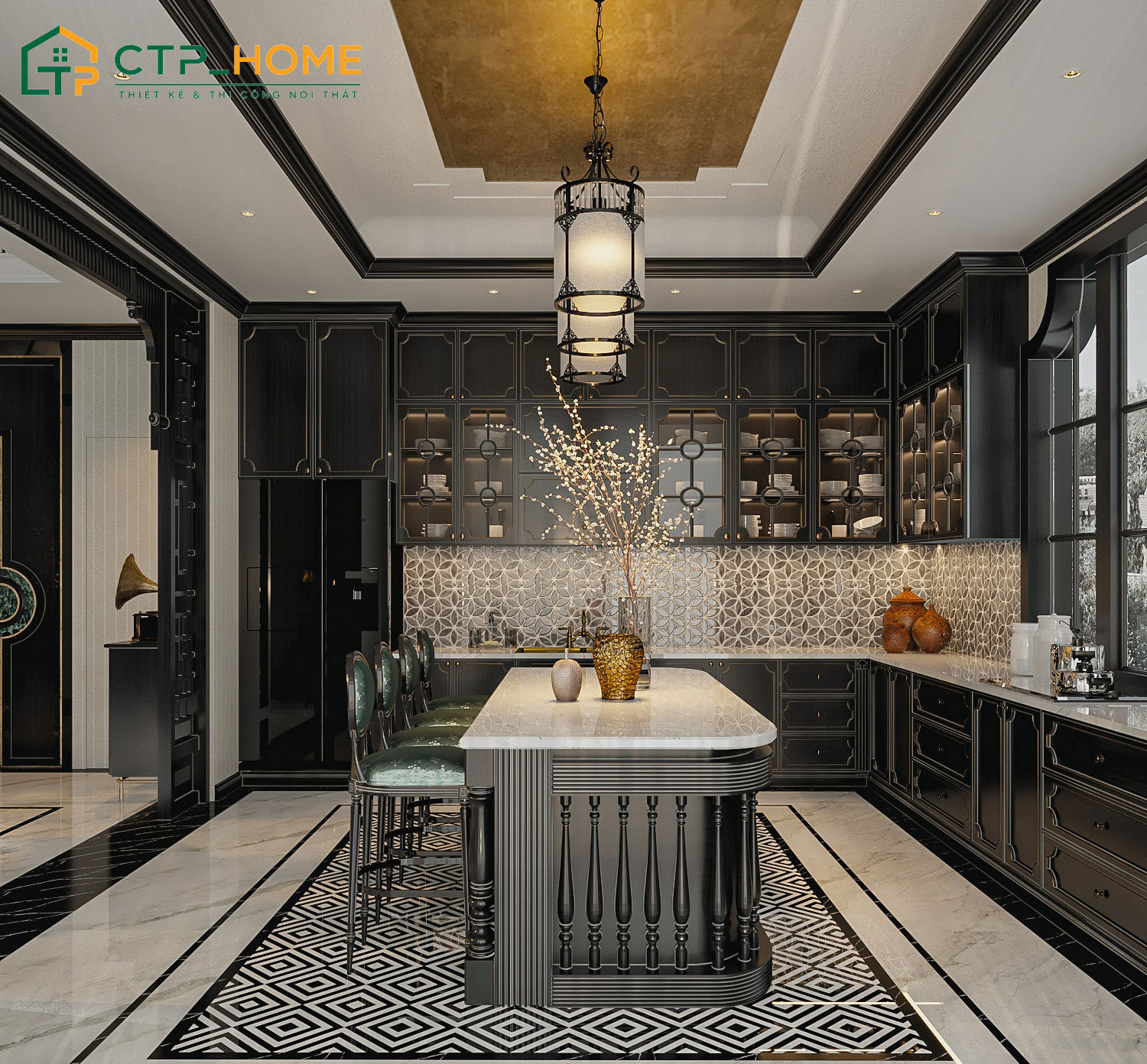 Mẫu thiết kế bếp phong cách Đông Dương với hệ tủ gỗ đen đã qua xử lý đảm bảo độ bền