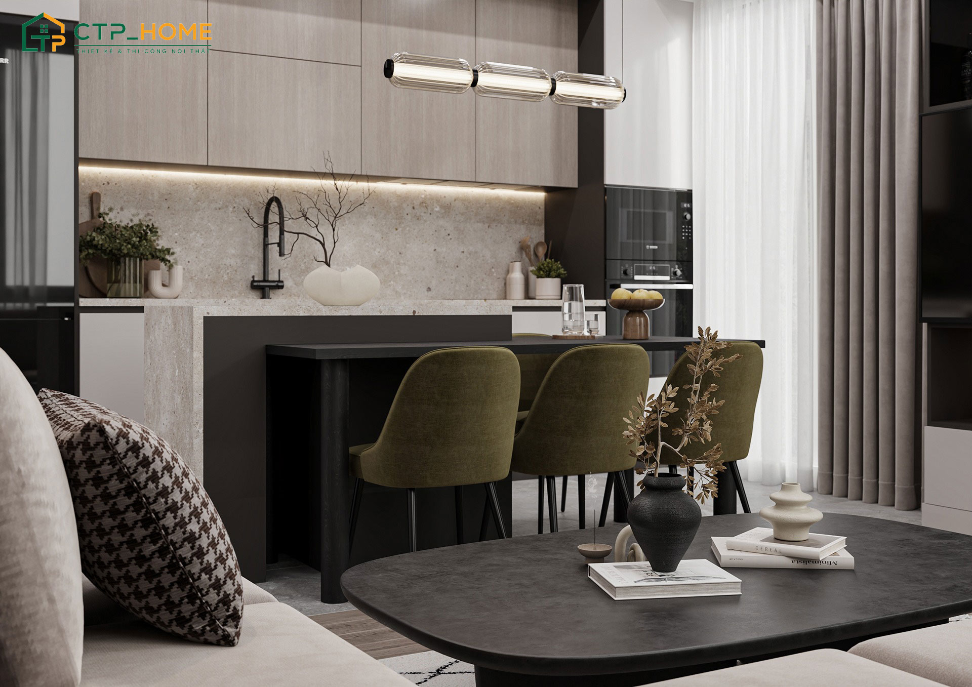 Mẫu thiết kế phòng bếp chung cư chung cư bằng gỗ công nghiệp MDF lõi xanh kháng nước tốt
