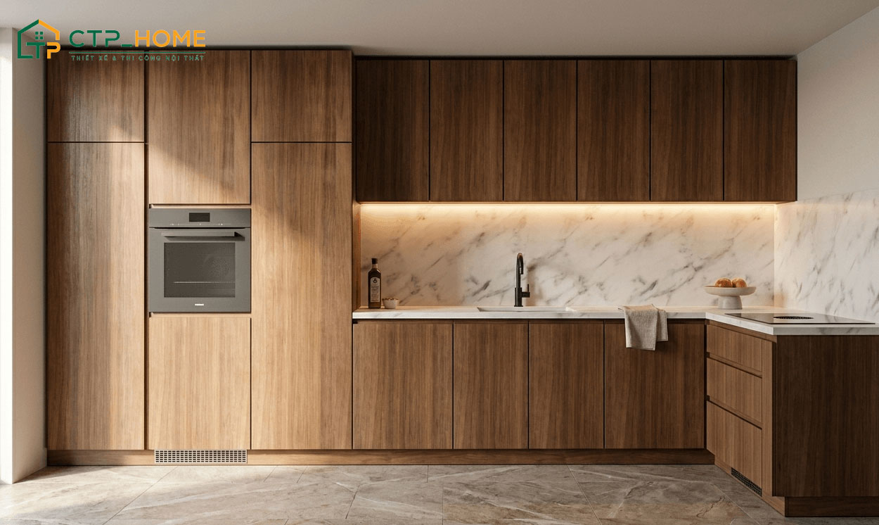 Mẫu thiết kế bếp căn hộ đơn giản dùng hệ tủ bếp gỗ công nghiệp phủ Melamine có tính thẩm mỹ cao