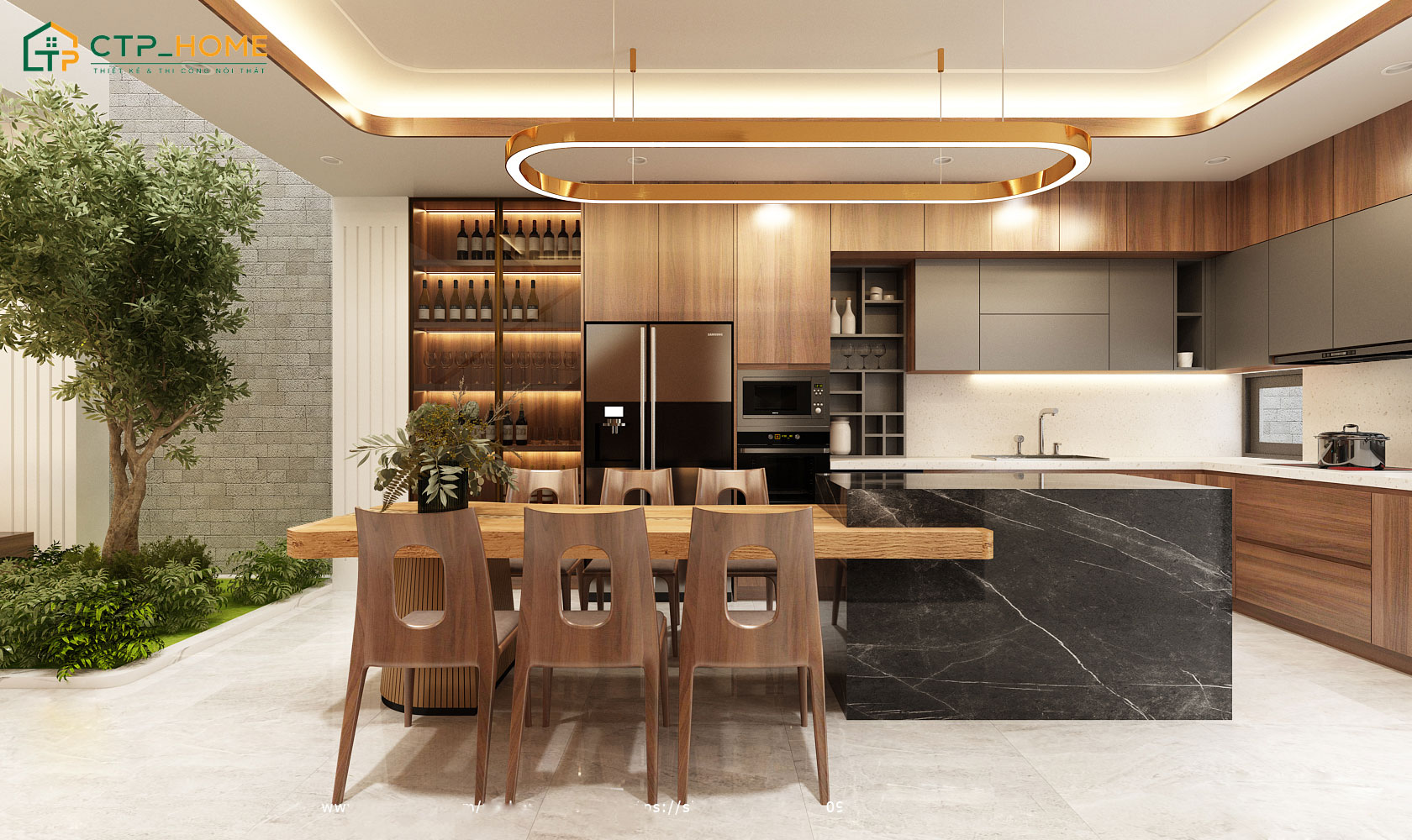 Mẫu thiết kế bếp dùng gỗ tự nhiên đã qua xử lý đảm bảo không mối mọt và hay cong vênh