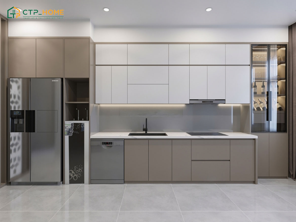 Mẫu thiết kế bếp chung cư có dán lớp Melamine chống trầy xước và dễ lau chùi