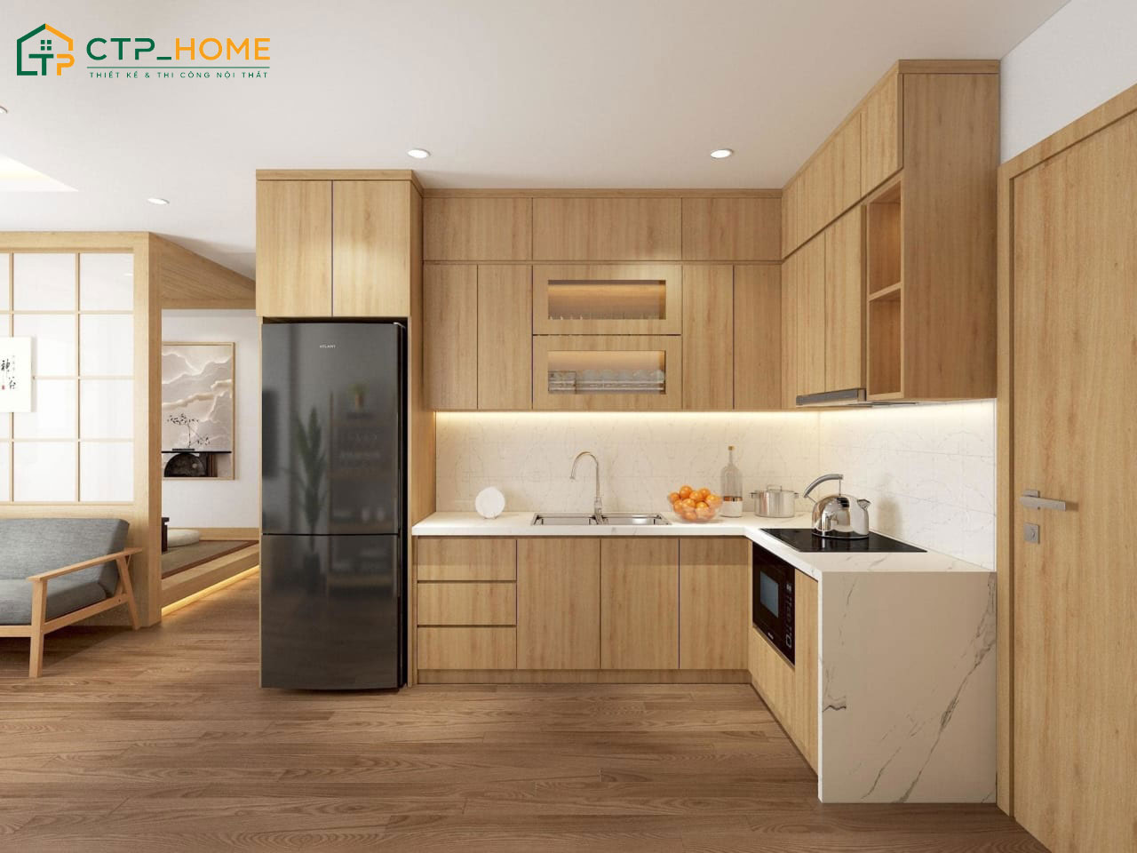 Mẫu bếp sử dụng gỗ công nghiệp phủ Melamine cốt gỗ lõi xanh chống ẩm tốt