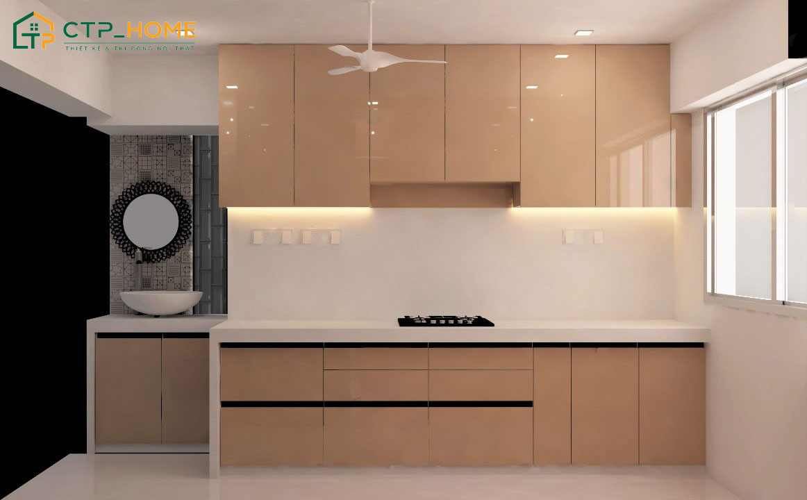 Mẫu phòng bếp chung cư bằng Acrylic có khả năng chống ẩm tốt, dễ vệ sinh
