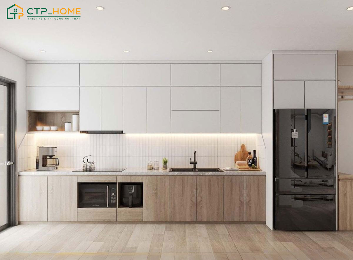 Mẫu thiết kế nội thất nhà bếp chung cư chữ I sử dụng gỗ công nghiệp chống ẩm
