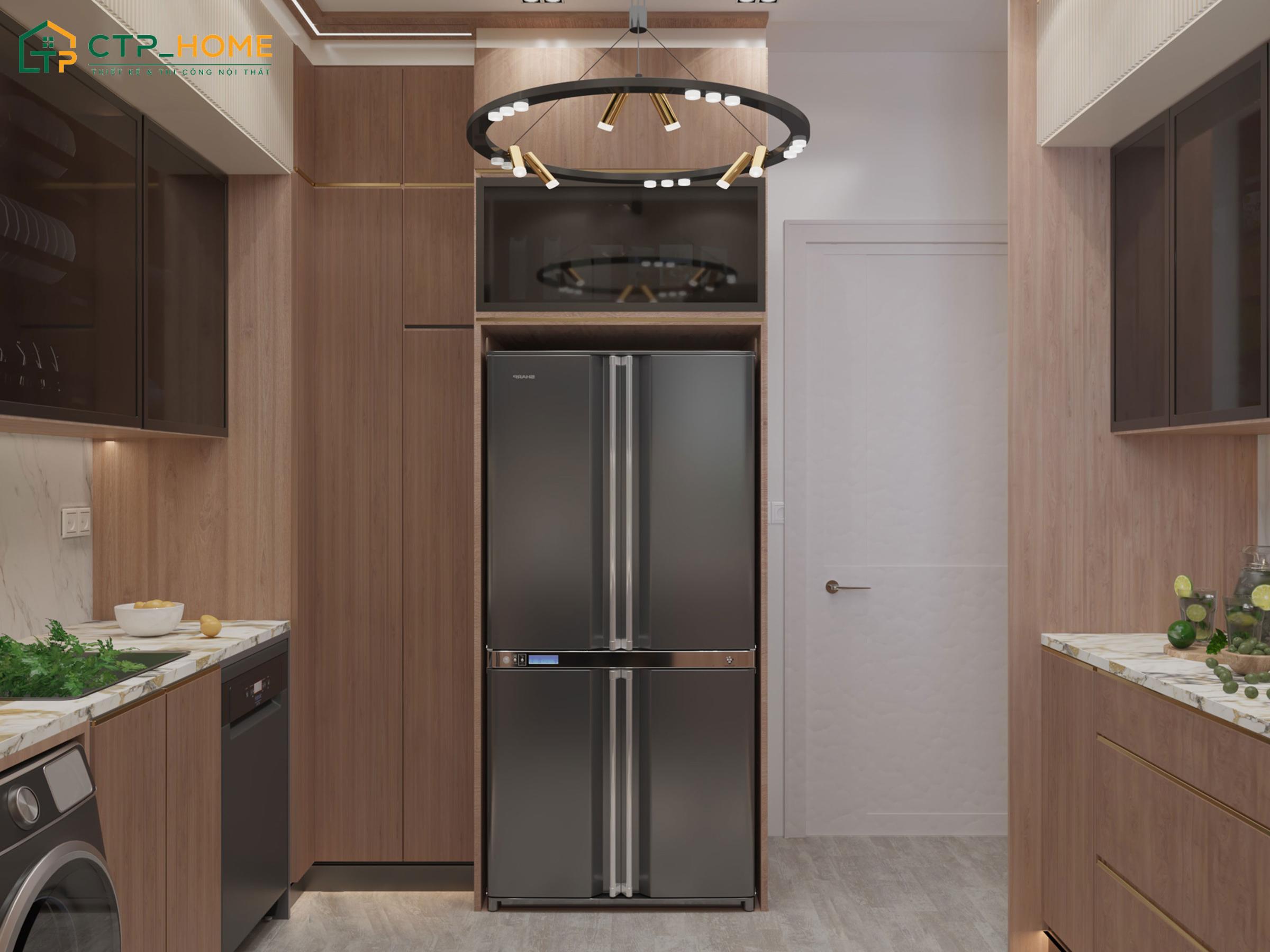Không gian bếp được trang bị đầy đủ thiết bị nội thất và hệ thống hút mùi tiên tiến