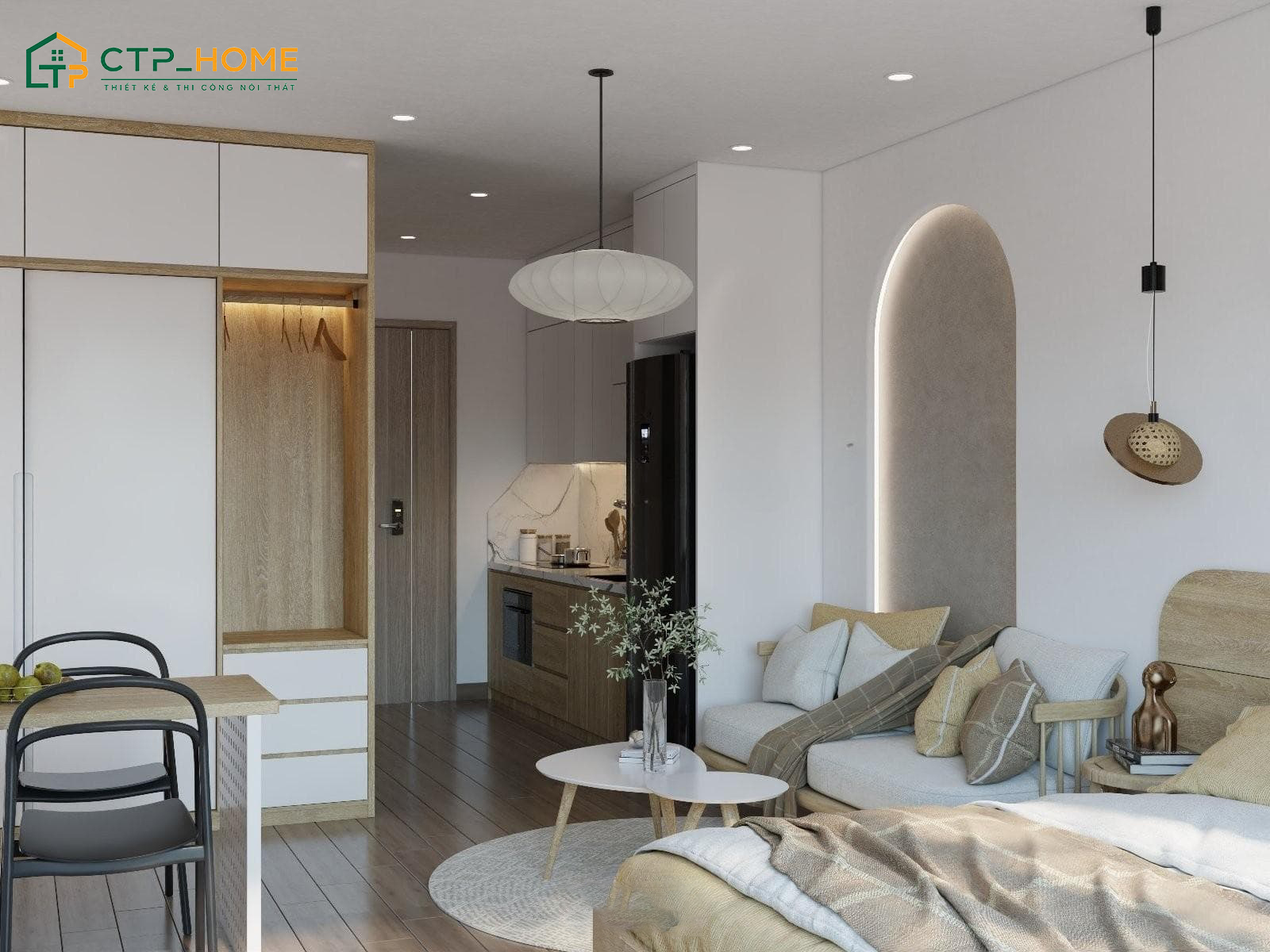 Căn hộ 45m2 thu hút với không gian phòng khách và phòng bếp rộng rãi