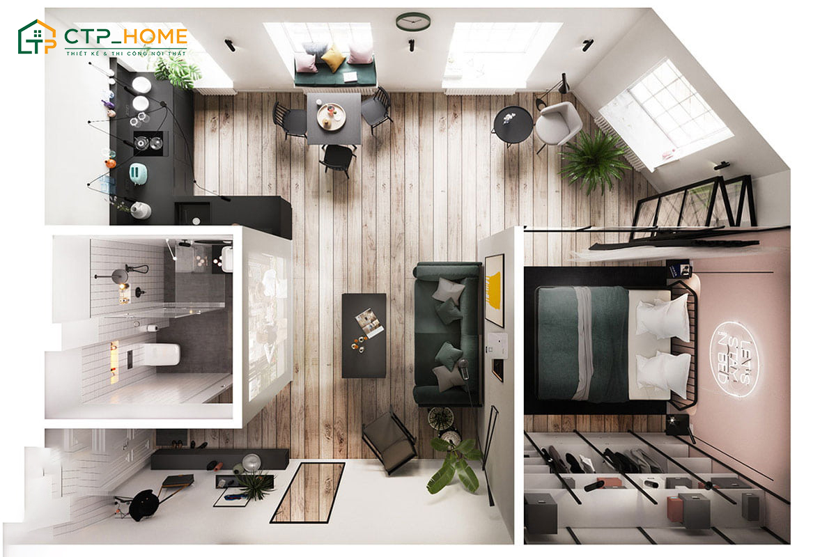 Mẫu dự án thiết kế nội thất căn hộ Studio 35m2 phong cách hiện đại