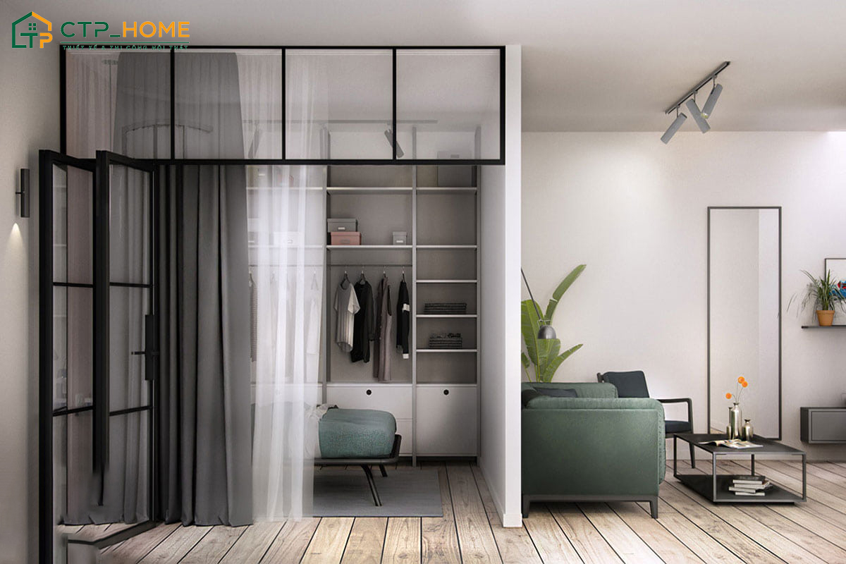 Sử dụng vách ngăn bằng kính để tạo độ thông thoáng, hiện đại cho căn hộ Studio