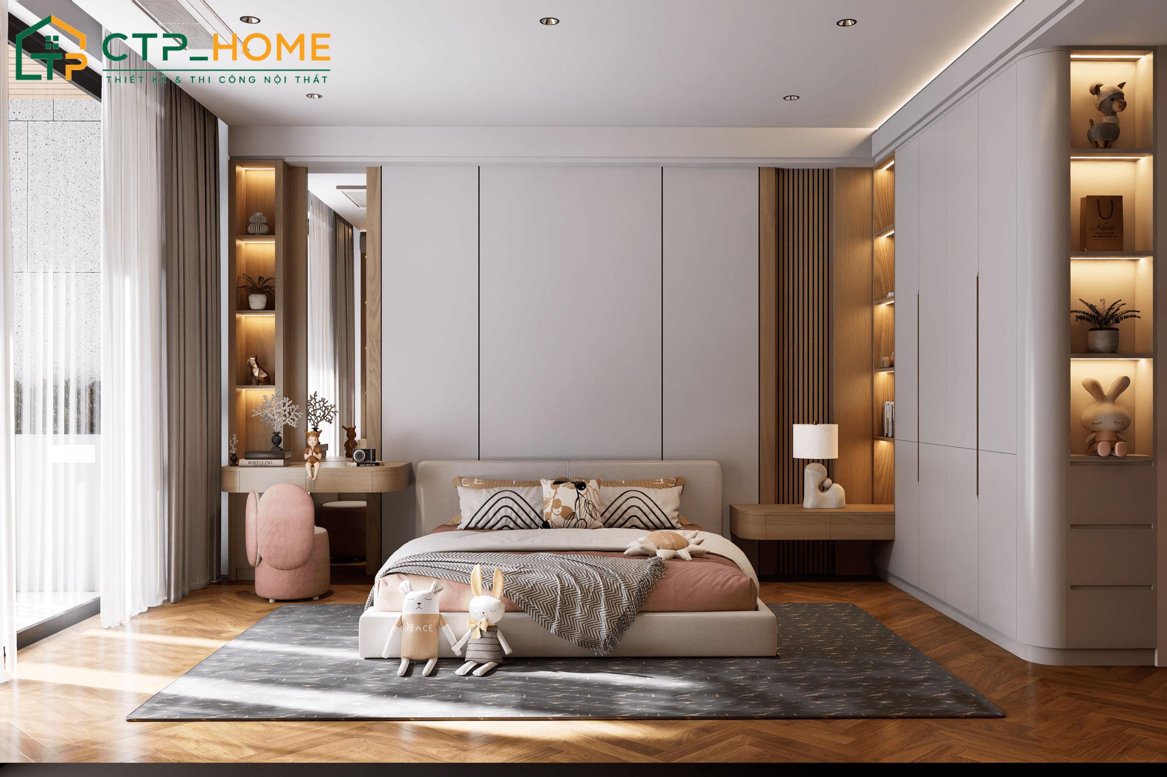 Mẫu nội thất phòng ngủ hiện đại cho biệt thự với tone màu sáng tinh tế