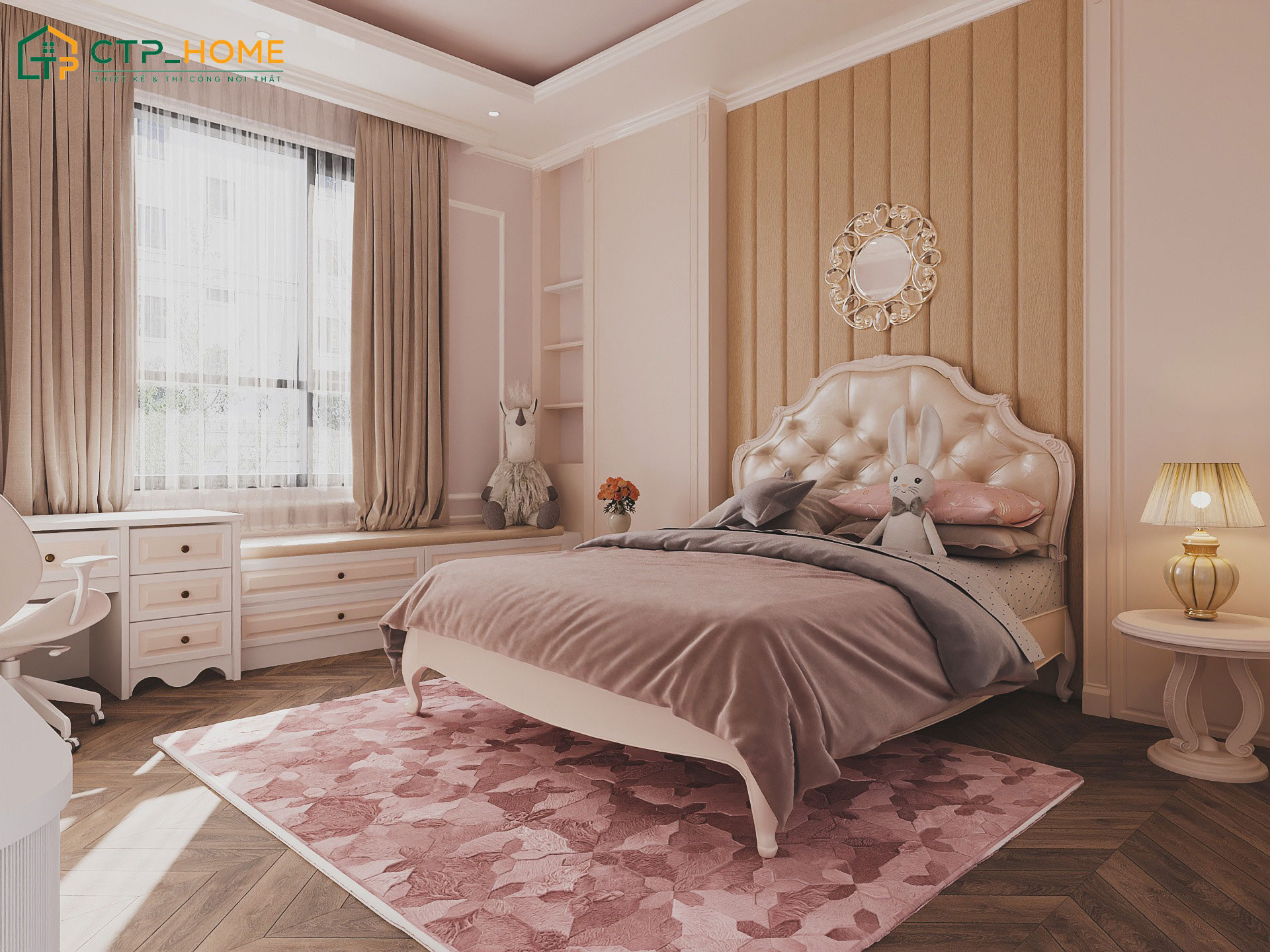 Mẫu thiết kế nội thất phòng ngủ bé gái với tone hồng cực kỳ xinh xắn