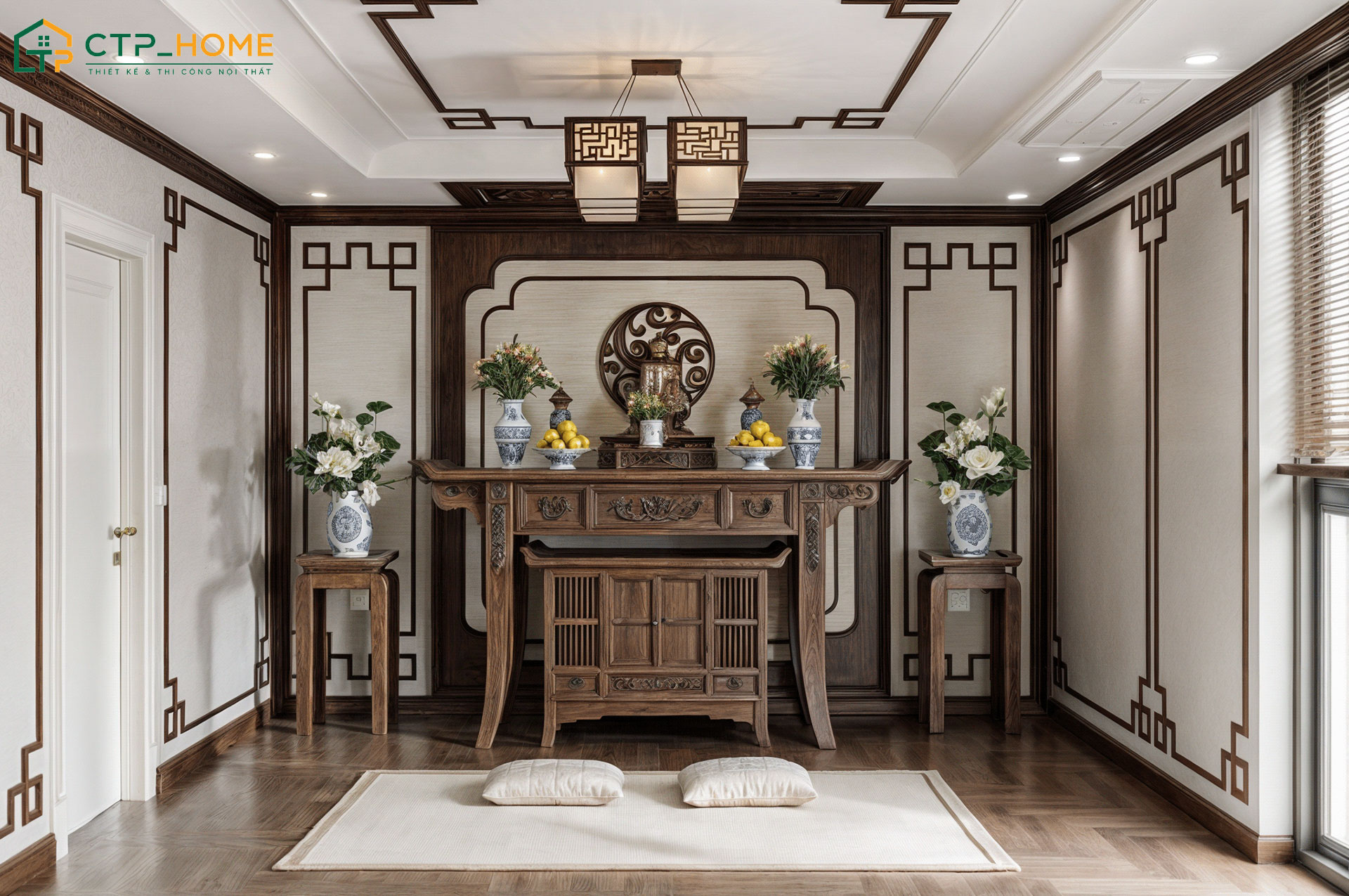 Mẫu thiết kế phòng thờ rộng rãi thoáng mát sử dụng gỗ cao cấp