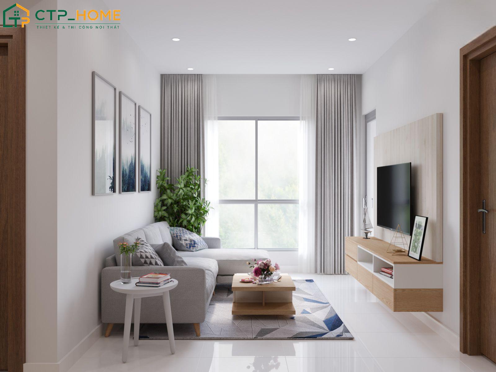 Mẫu thiết kế nội thất chung cư 1 phòng ngủ 48m2 với bộ sofa góc chữ L kết hợp thảm nỉ tạo điểm nhấn