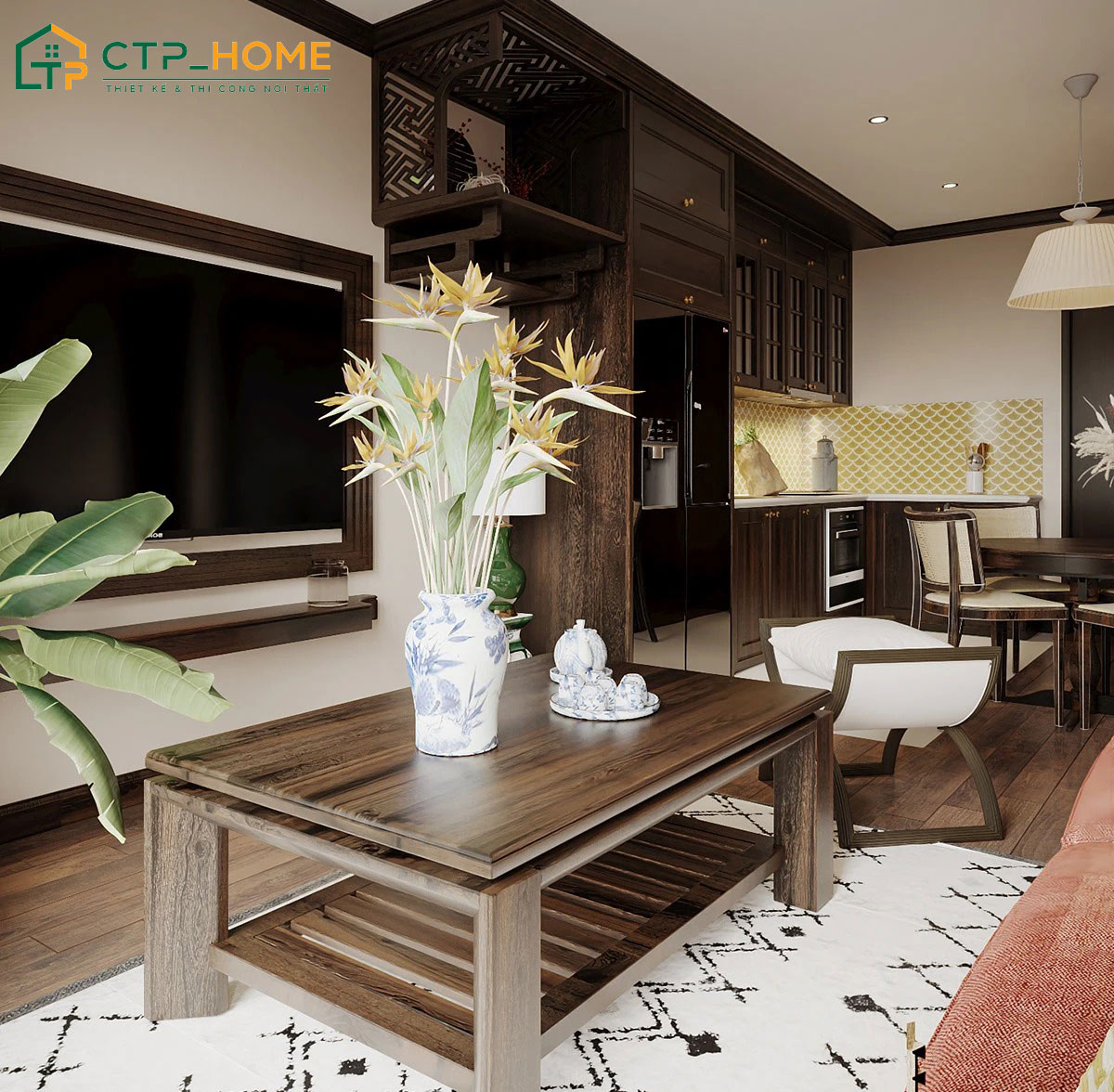 Mẫu thiết kế nội thất chung cư 2 phòng ngủ Indochine bằng gỗ tự nhiên cao cấp