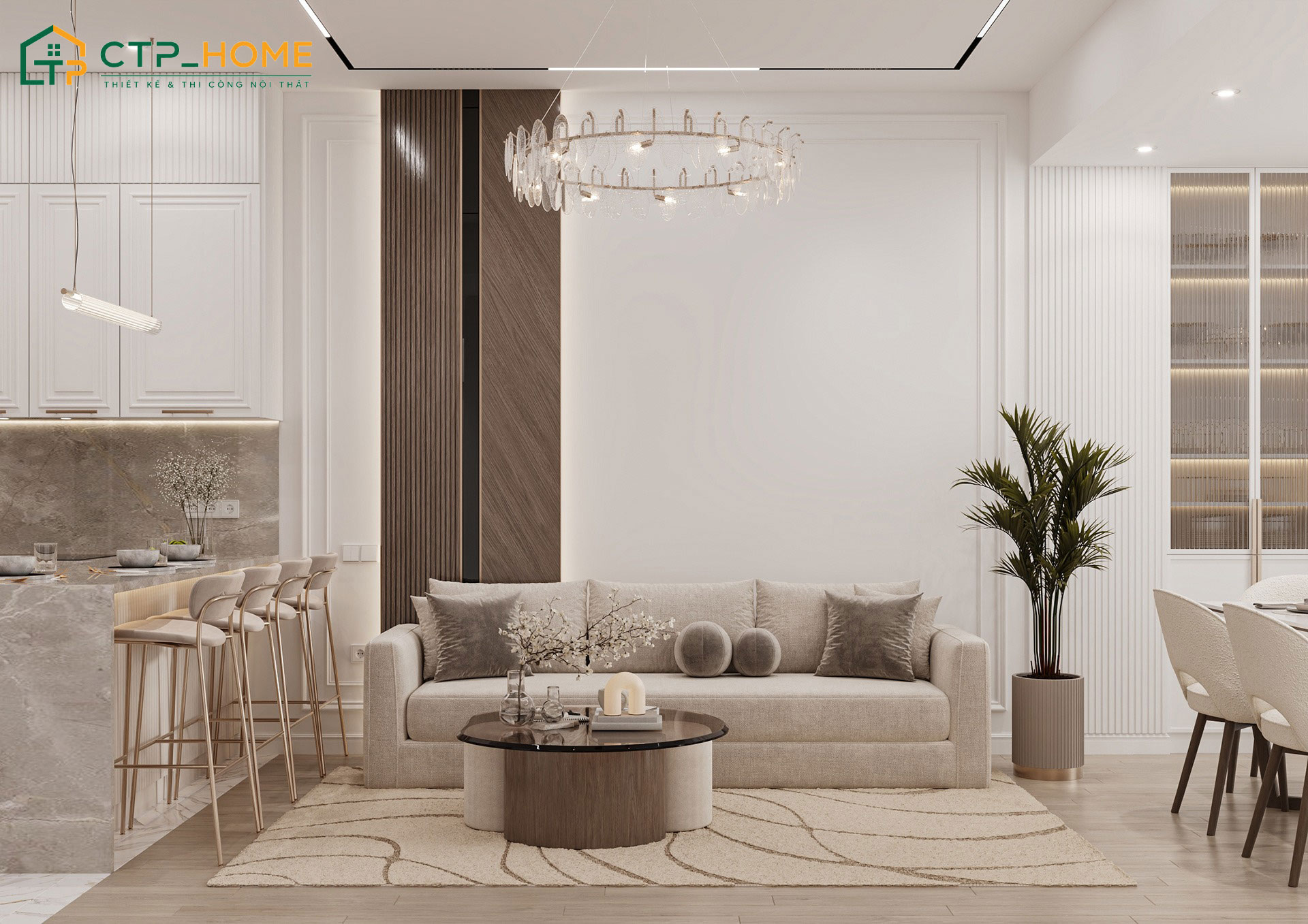 Sử dụng đèn chùm sẽ góp phần giúp không gian tân cổ điển trở nên sang trọng và đẳng cấp hơn