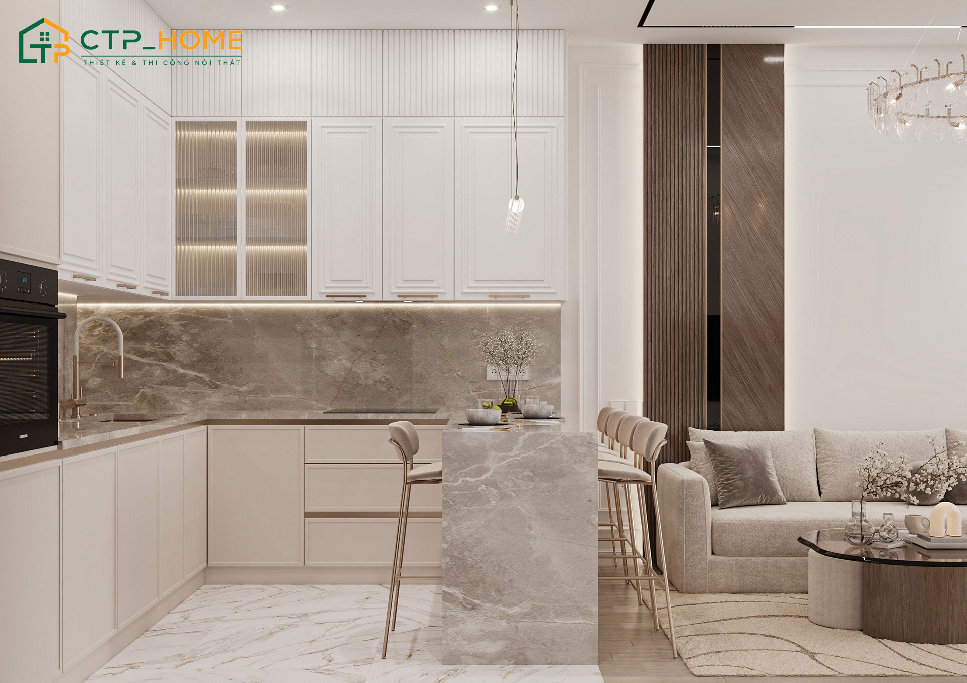 Mẫu thiết kế nội thất chung cư 2 phòng ngủ phong cách tân cổ điển với quầy bar mini làm điểm nhấn