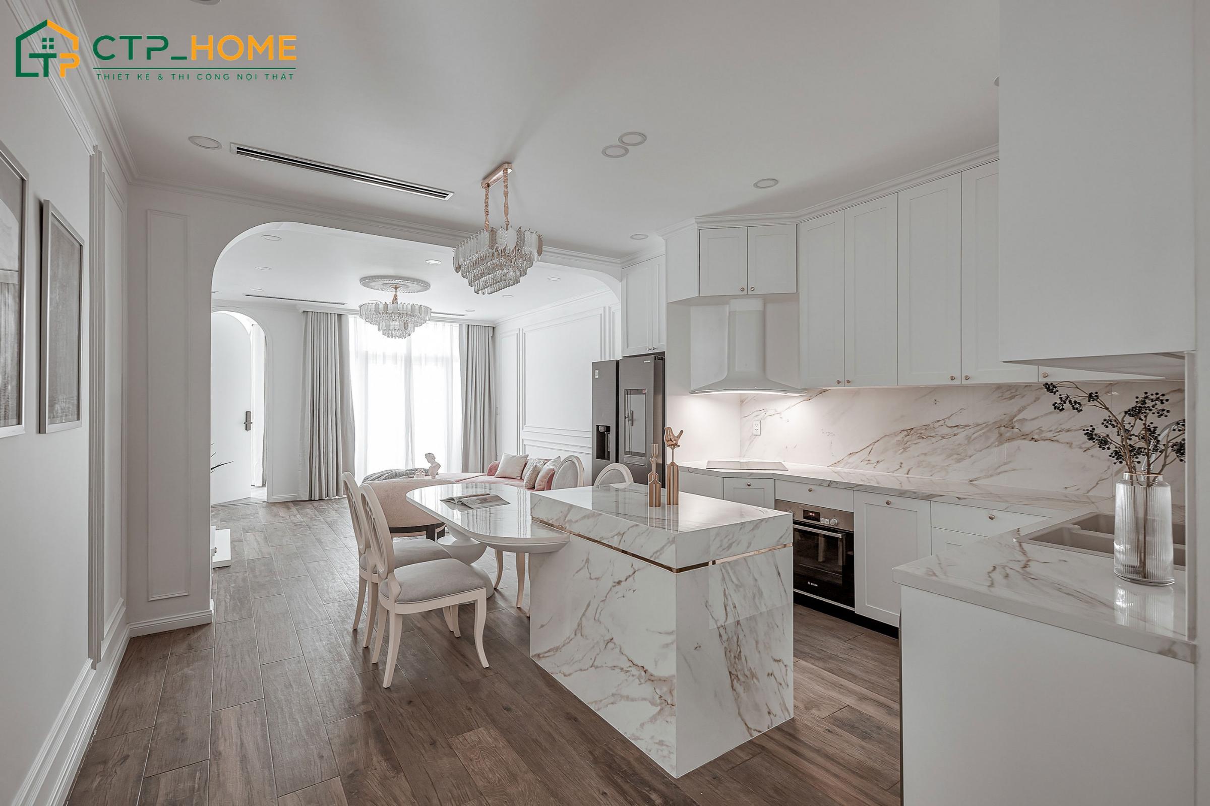 Mẫu thiết kế nội thất chung cư 2 phòng ngủ với bàn đảo bếp được làm bằng đá sang trọng