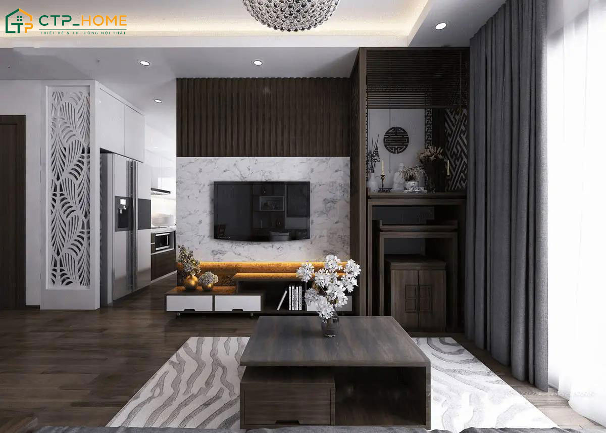 Mẫu decor chung cư 2 phòng ngủ với không gian phòng khách đầy đủ tiện nghi