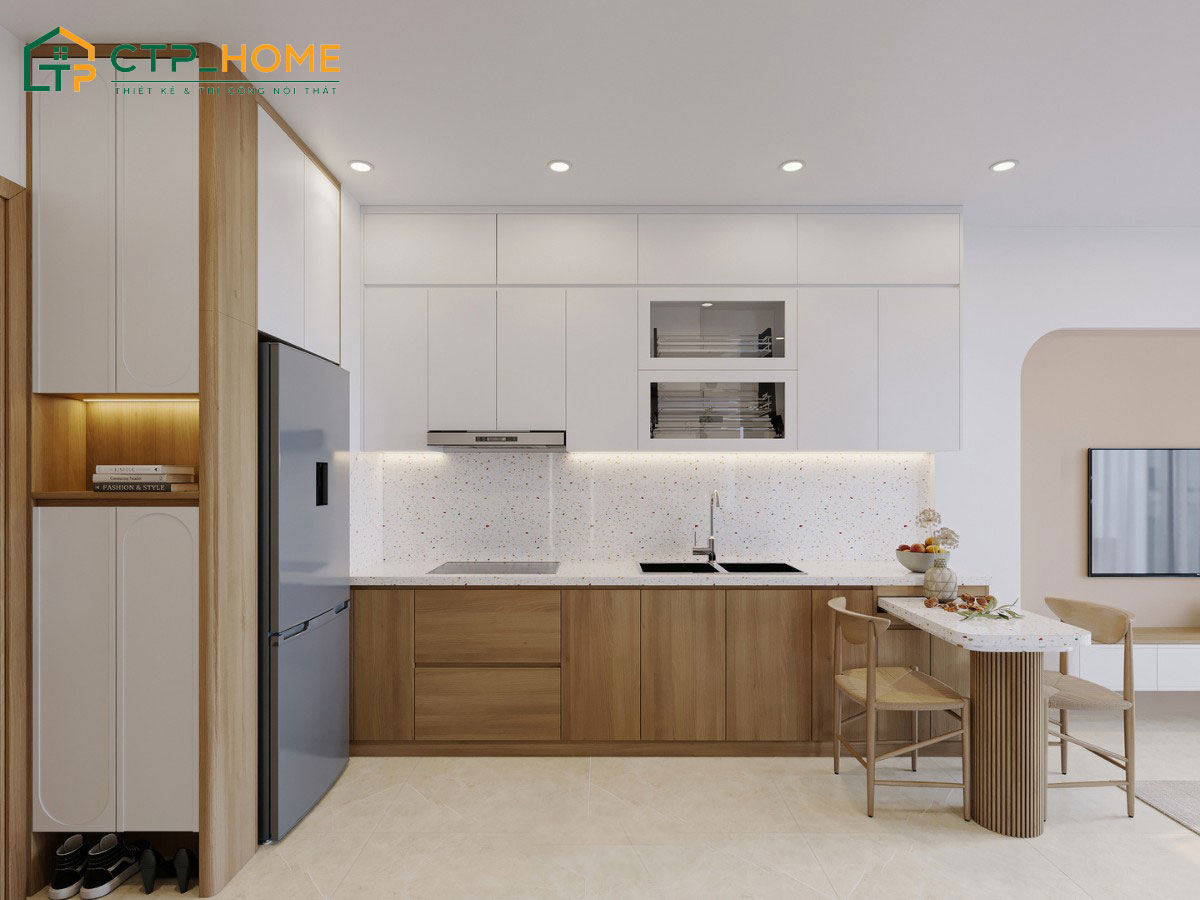 Mẫu phòng bếp chữ L đẹp, hợp phong thủy cho các căn hộ 2 phòng ngủ