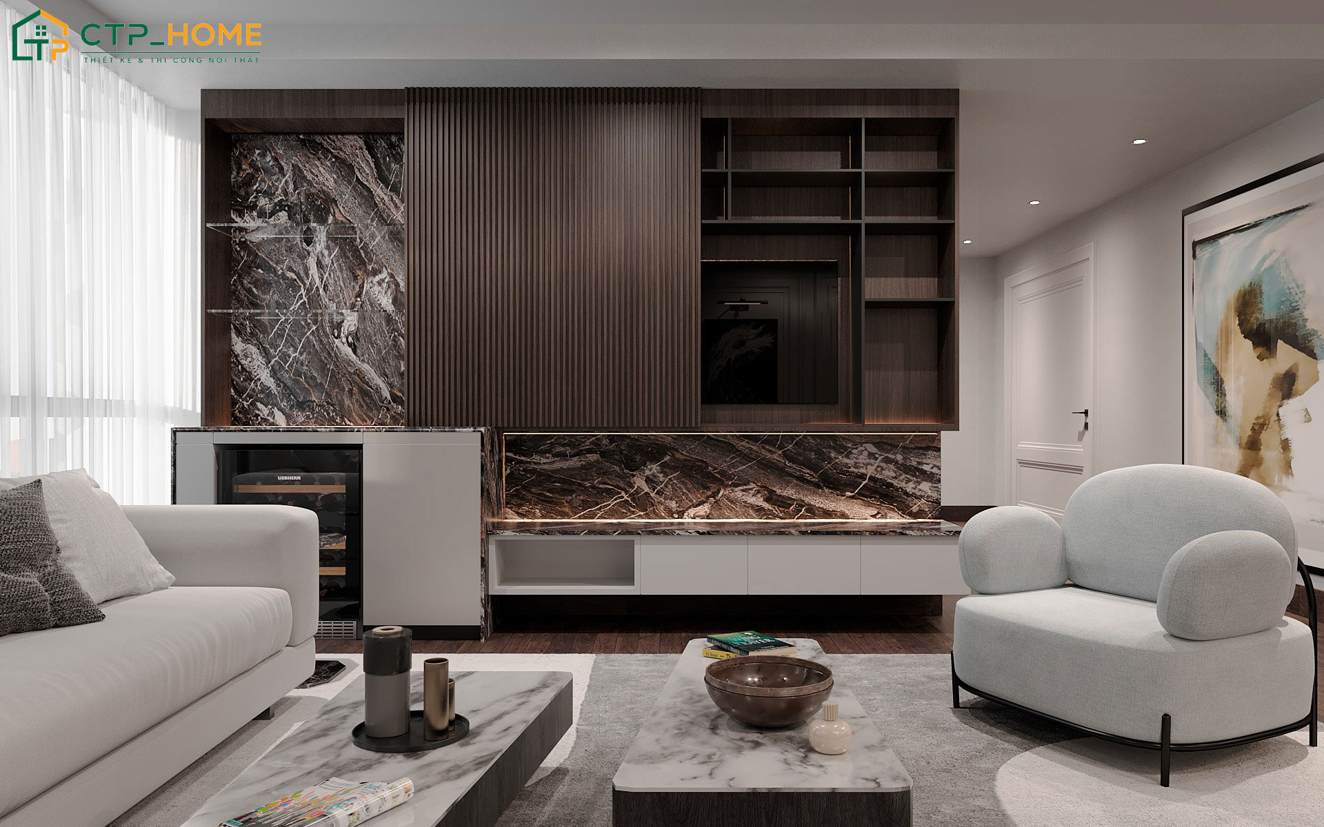 Không gian phòng khách sang trọng với bộ sofa sáng màu kết hợp với nội thất gỗ cao cấp