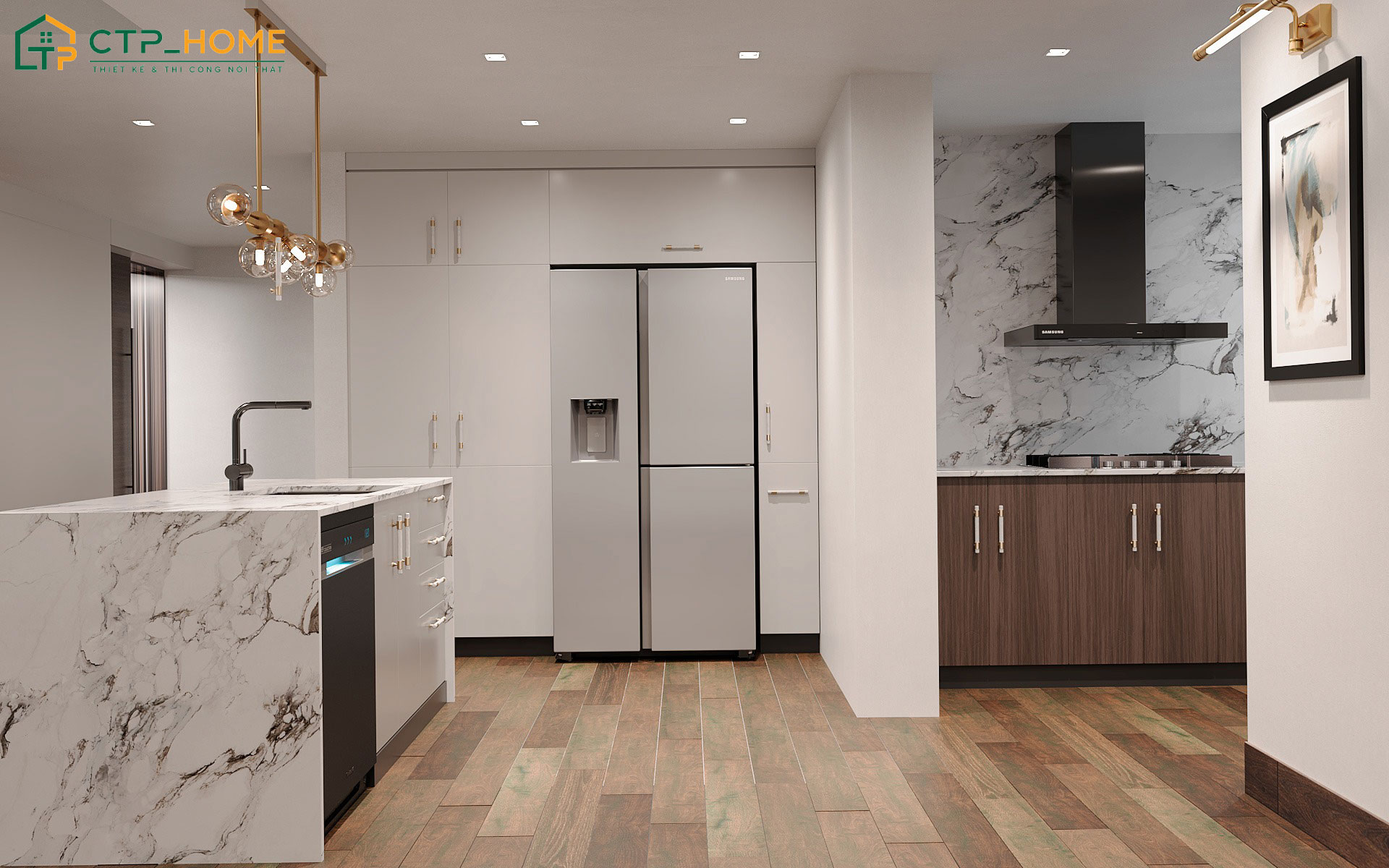 Hệ tủ kịch trần kết hợp đảo bếp vân đá giúp tối ưu công năng mà vẫn đảm bảo tính thẩm mỹ