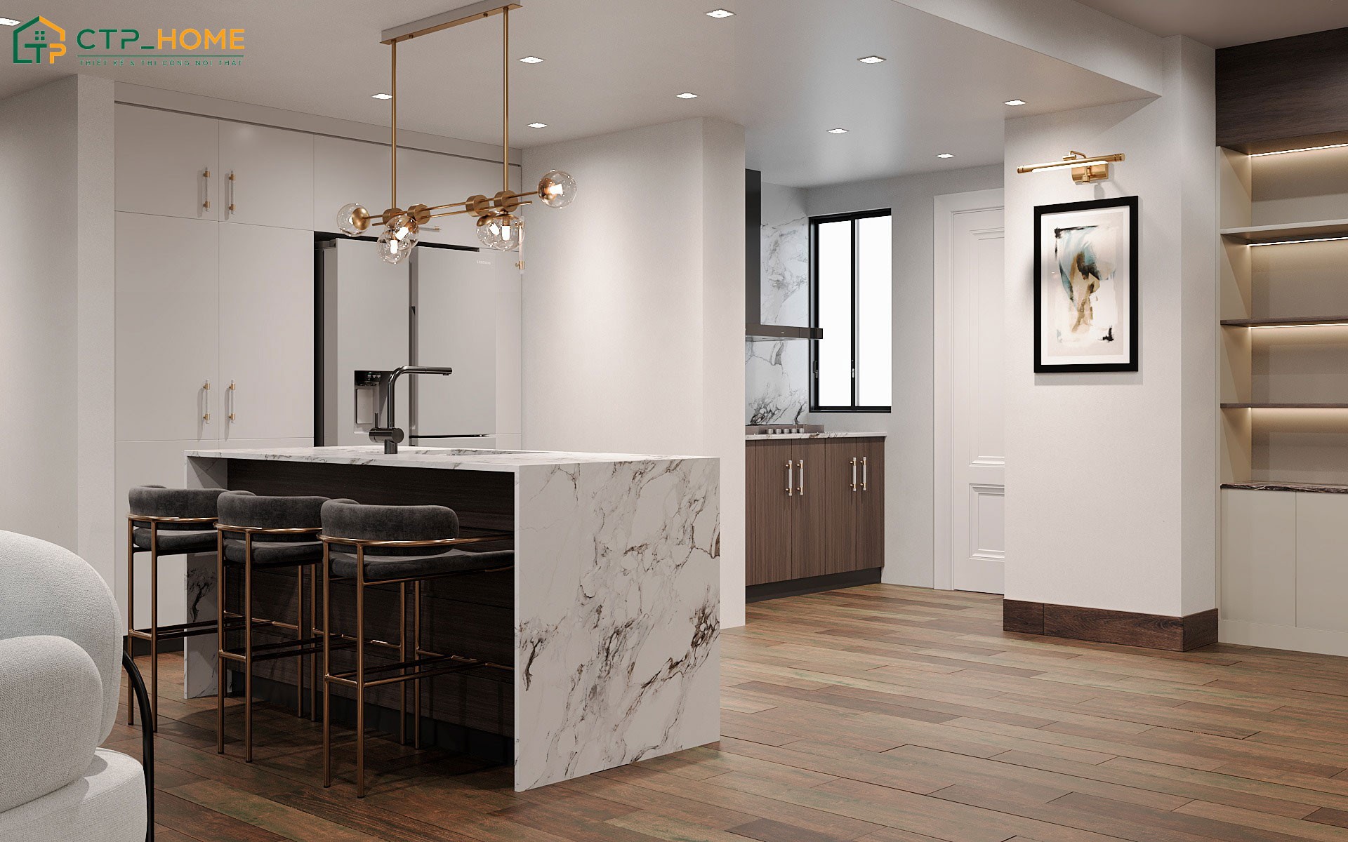 Mẫu thiết kế nội thất chung cư 2 phòng ngủ với đảo bếp kết hợp quầy bar tạo điểm nhấn