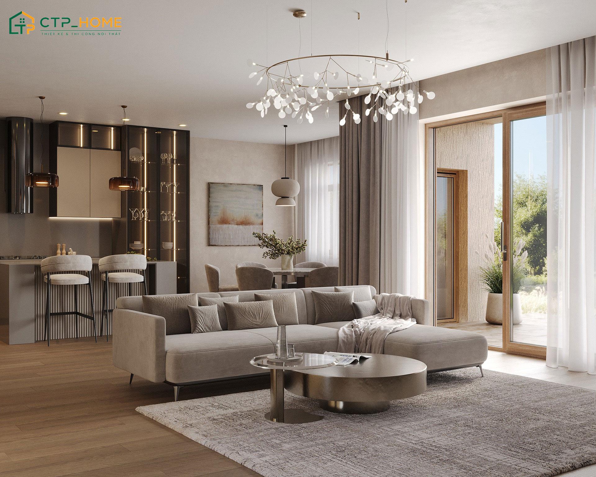 Mẫu thiết kế nội thất nhà mặt phố với không gian phòng khách được phối màu theo gu thẩm mỹ của gia chủ
