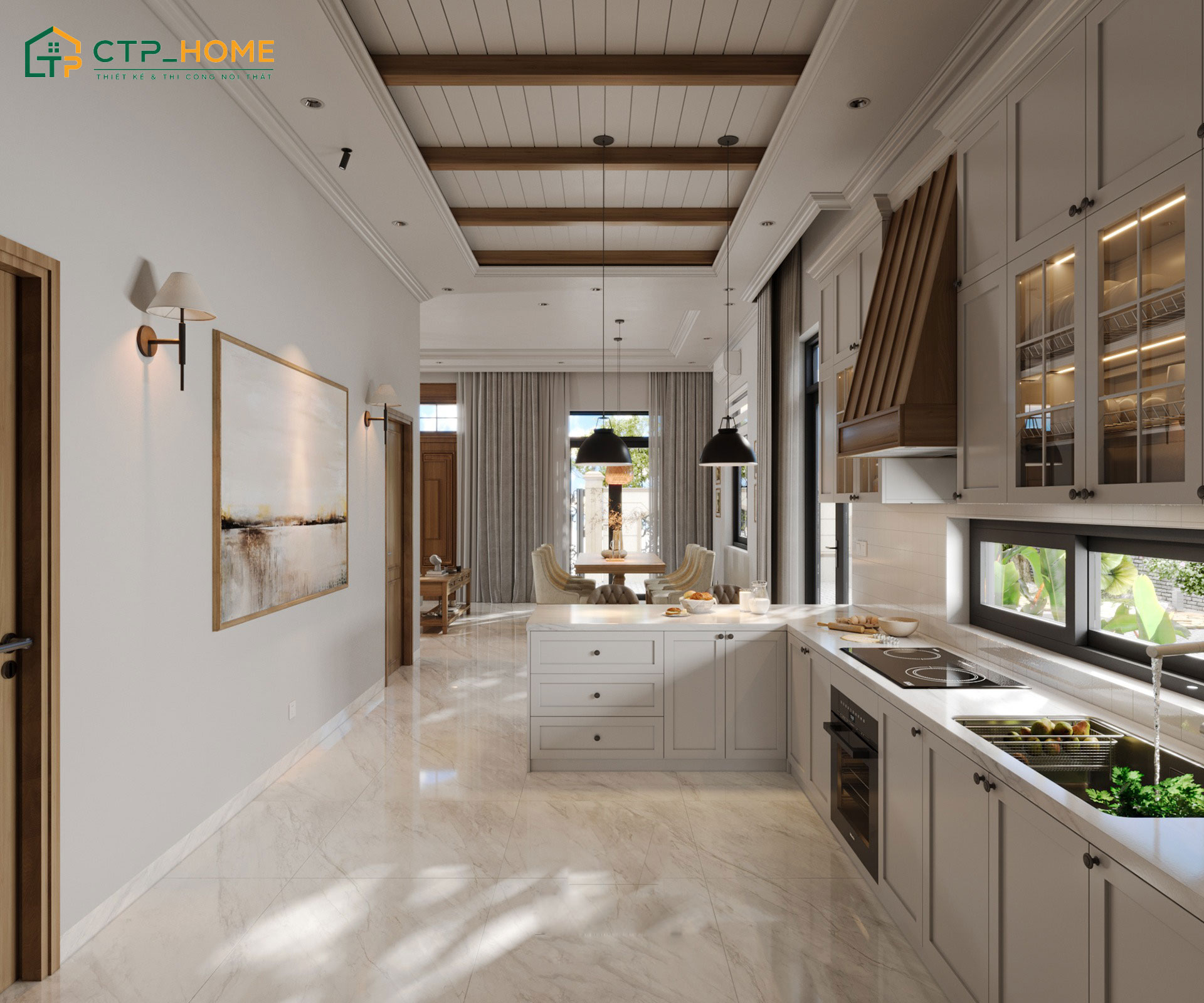 Mẫu thiết kế nội thất nhà phố với phòng bếp hiện đại, được trang bị đầy đủ nội thất
