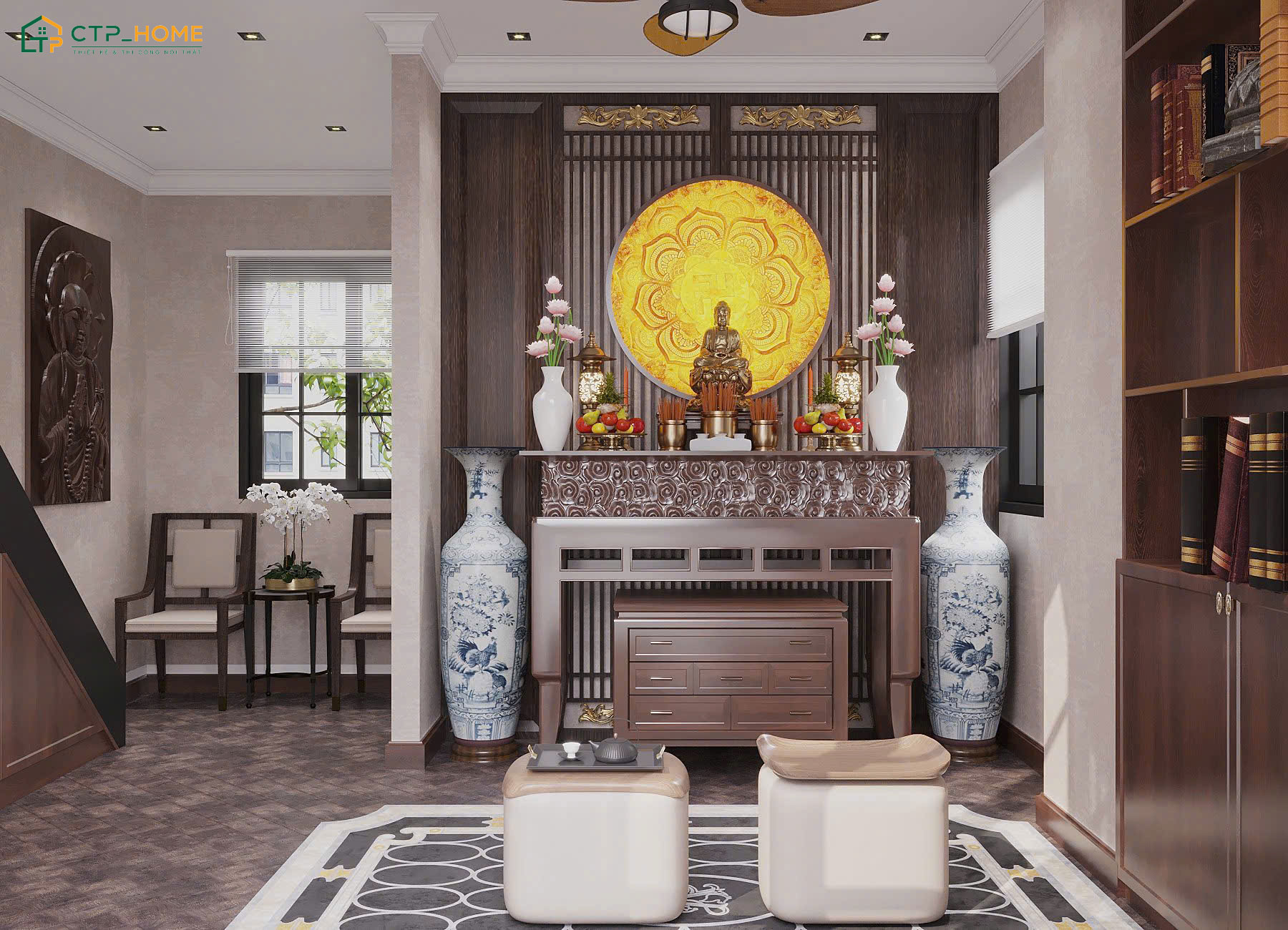 Nội thất phòng thờ được làm từ gỗ tự nhiên sang trọng và có độ bền cao