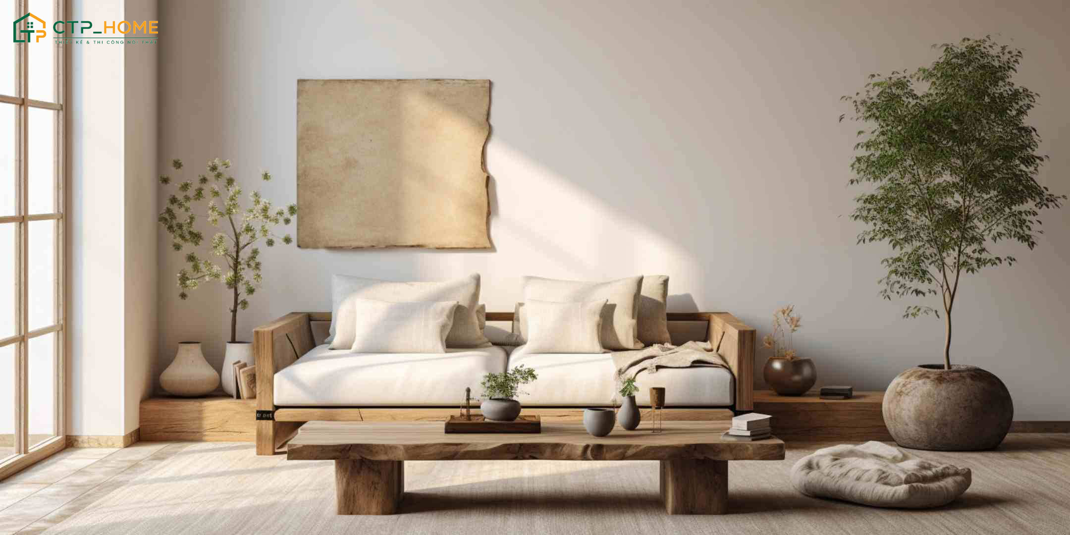 Không gian phòng khách Wabi Sabi tối giản, nổi bật với bàn trà gỗ lũa độc bản