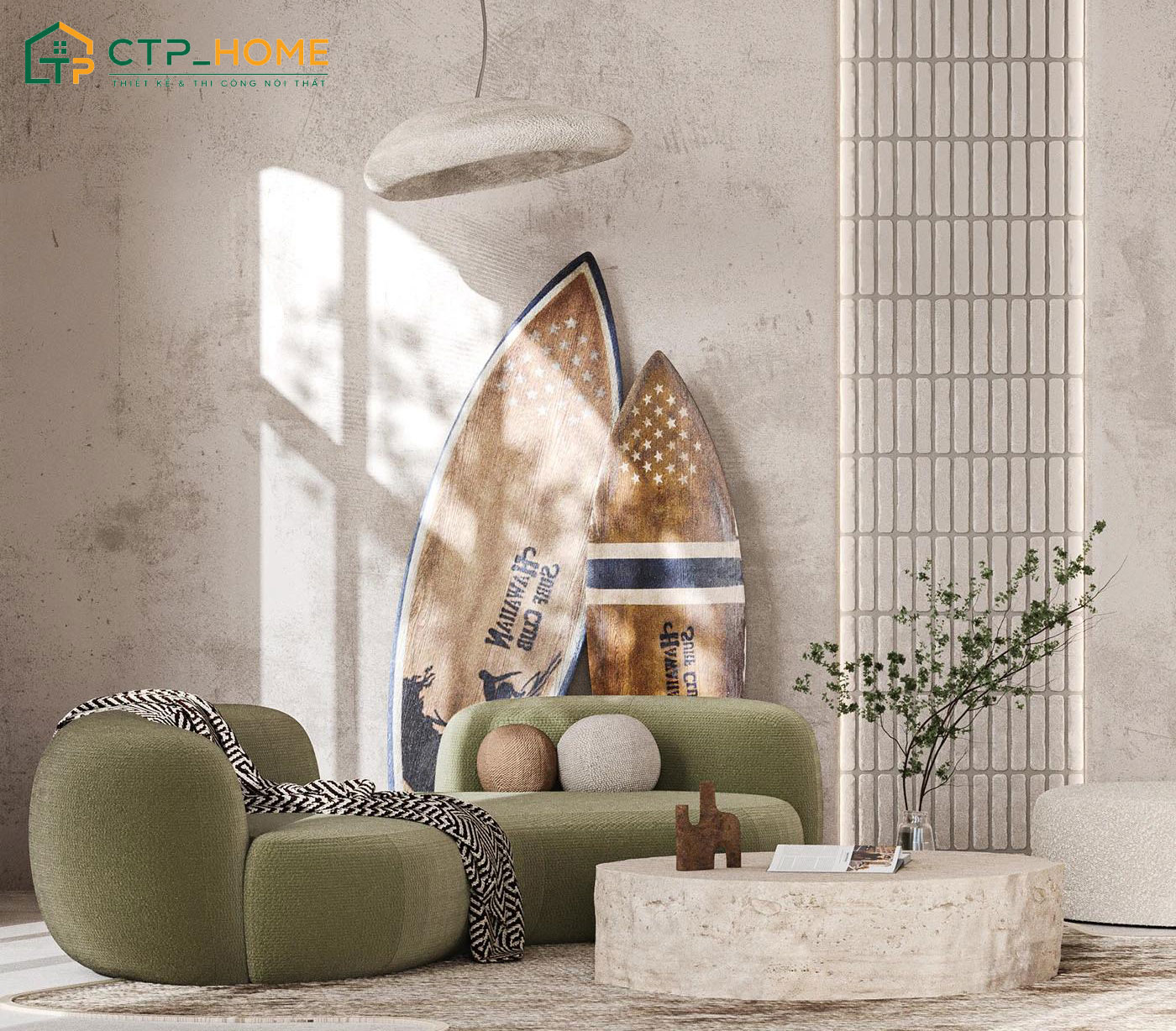 Mẫu thiết kế nội thất phòng khách Wabi Sabi với tường sơn hiệu ứng giả đất và nội thất thô mộc