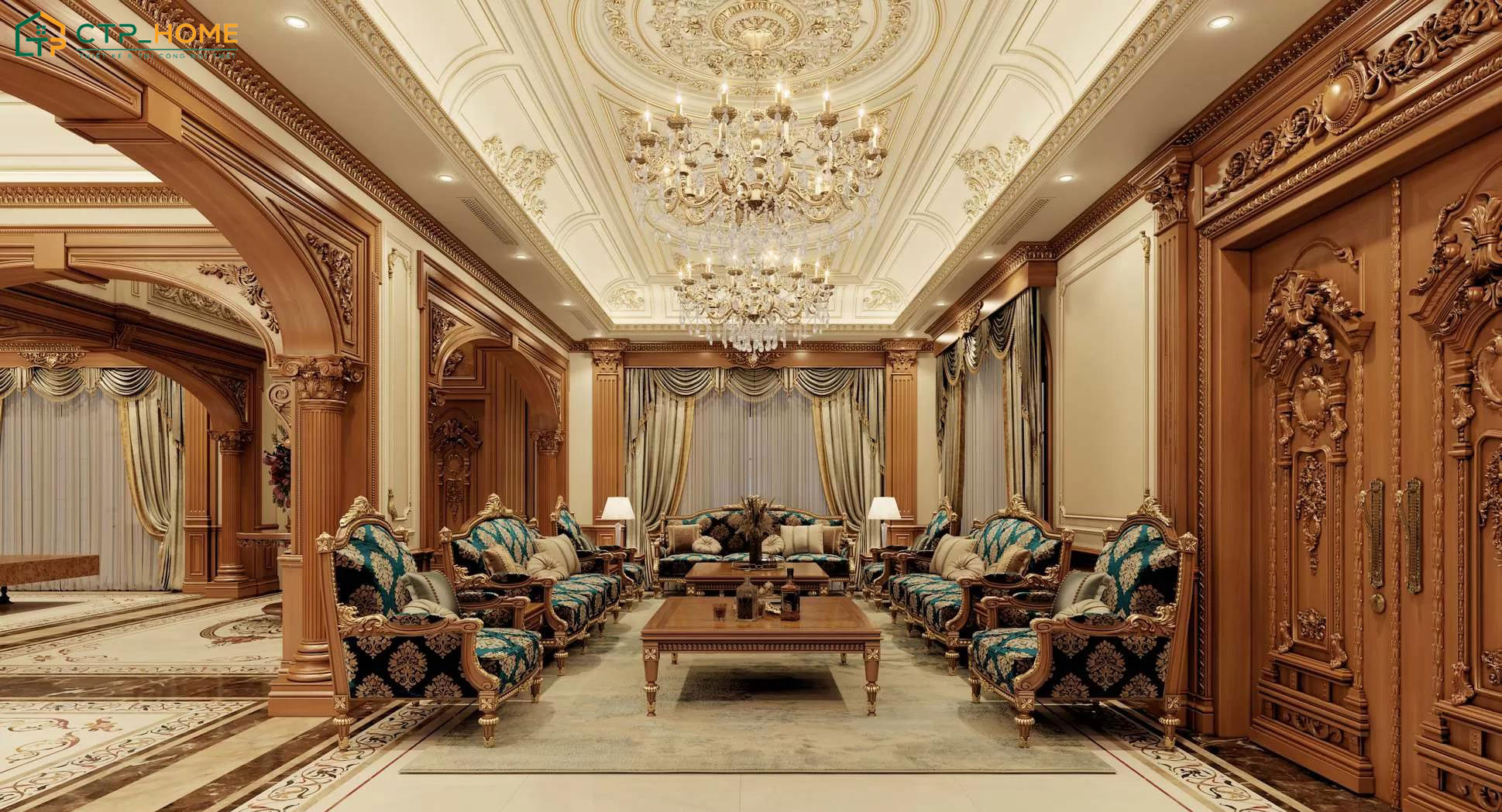 Mẫu phòng khách cổ điển sử dụng bộ sofa da chạm trổ cầu kỳ và rèm cửa gấm nhung cao cấp