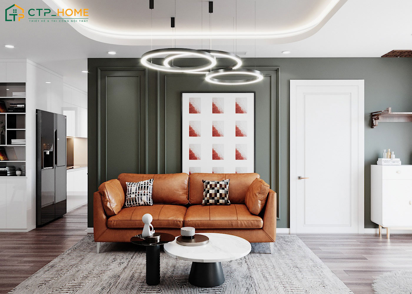 Mẫu phòng khách cho người mệnh Hỏa với bộ sofa da màu cam ấm áp trên nền vách xanh sẫm