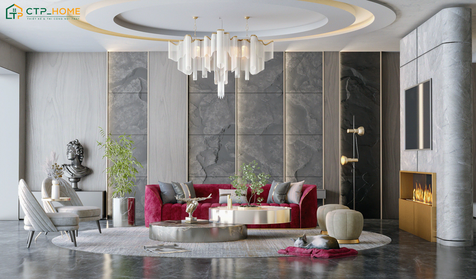 Mẫu nội thất phòng khách đẹp cho gia chủ mệnh Hỏa với điểm nhấn là bộ sofa nhung đỏ đô