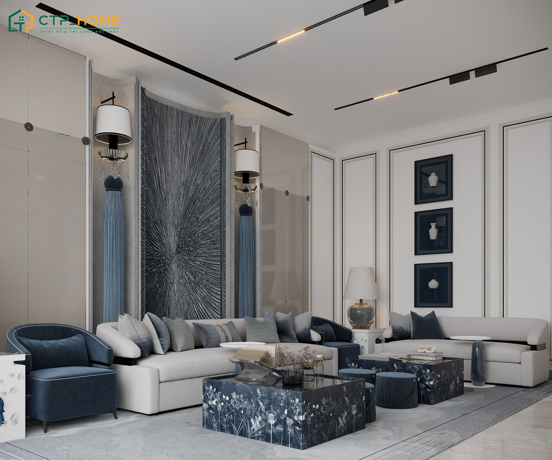 Mẫu thiết kế nội thất phòng khách cho người mệnh thủy với việc kết hợp các tông màu tương phản