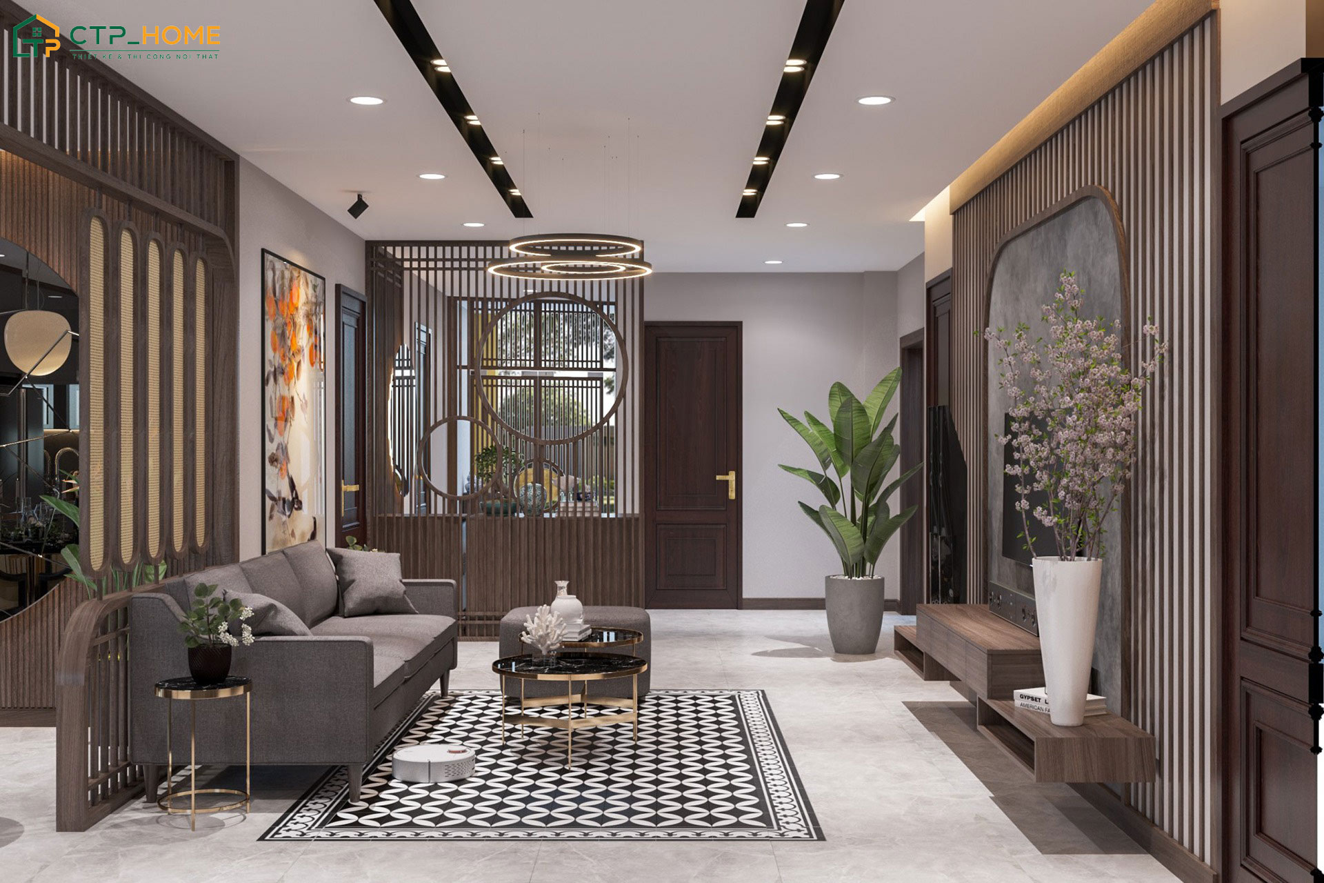 Mẫu dự án thiết kế nội thất phòng khách phong cách Indochine cho Anh Nam tại Bình Dương