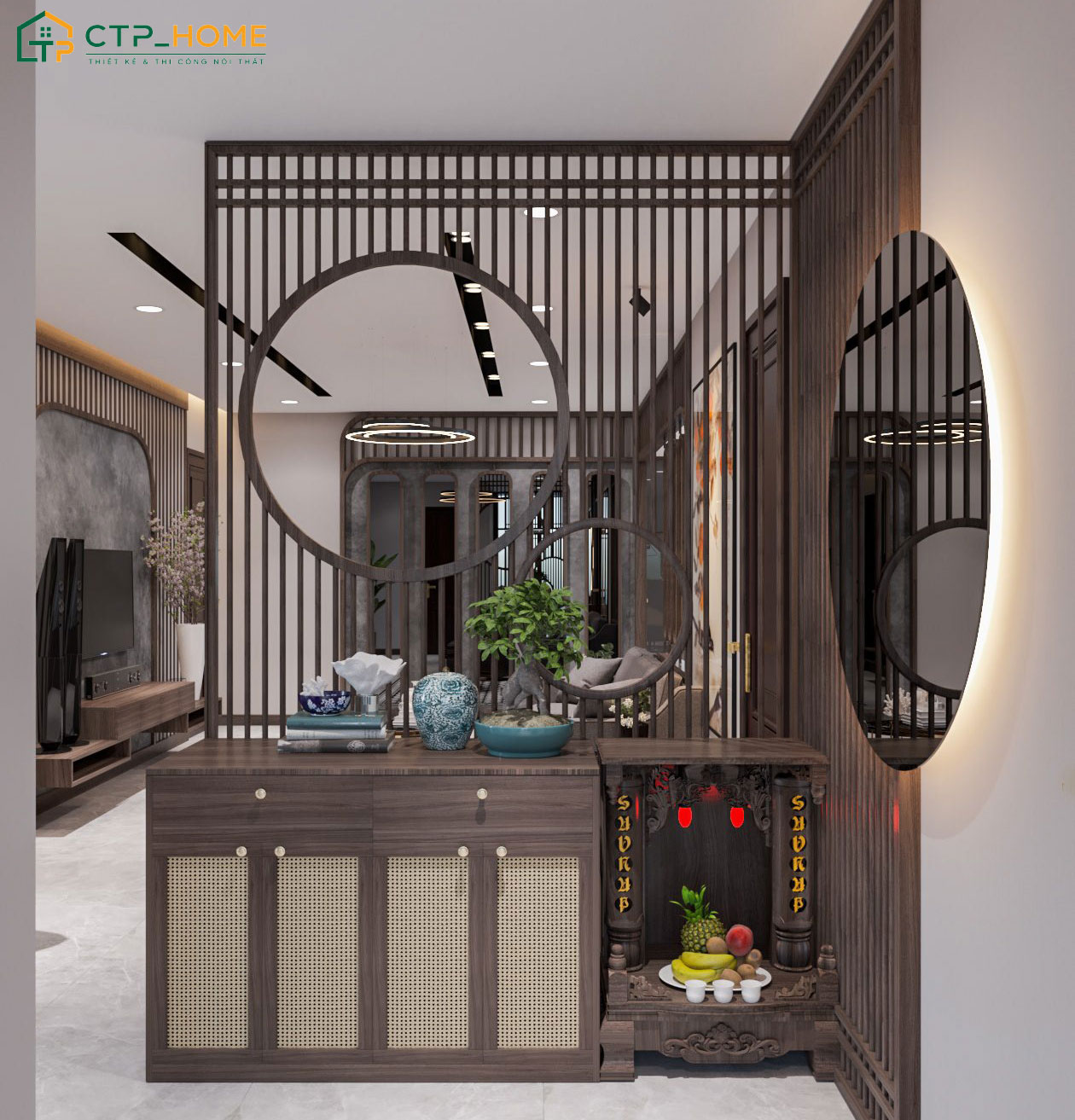 Mẫu trang trí nội thất phòng khách đẹp hiện đại với khu vực thờ cúng được làm bằng gỗ tự nhiên