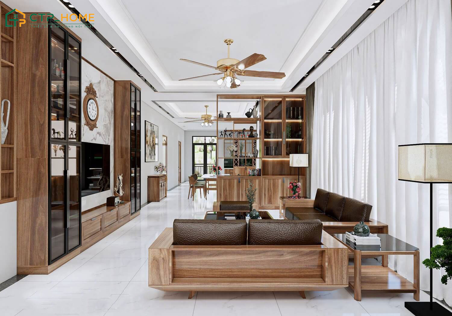 Mẫu phòng khách cho nhà cấp 4 ở nông thôn sẽ sử dụng các vật liệu thân quen như gỗ và đá tự nhiên