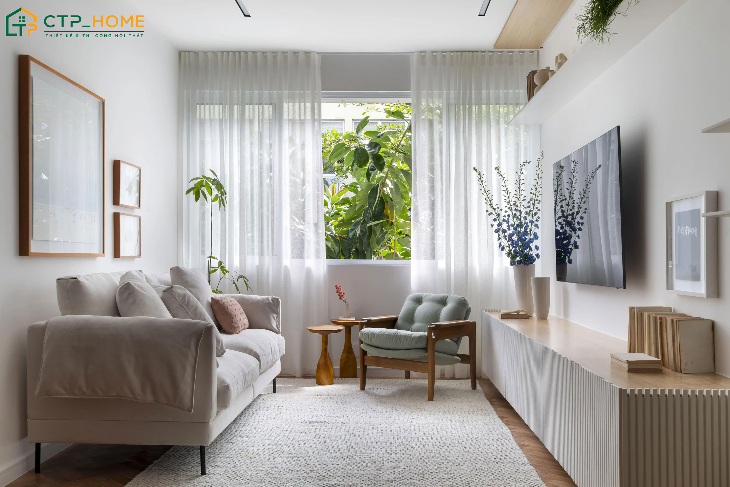 Mẫu thiết kế nội thất phòng khách cho chung cư 2 phòng ngủ đơn giản sẽ hạn chế đặt nhiều đồ trang trí