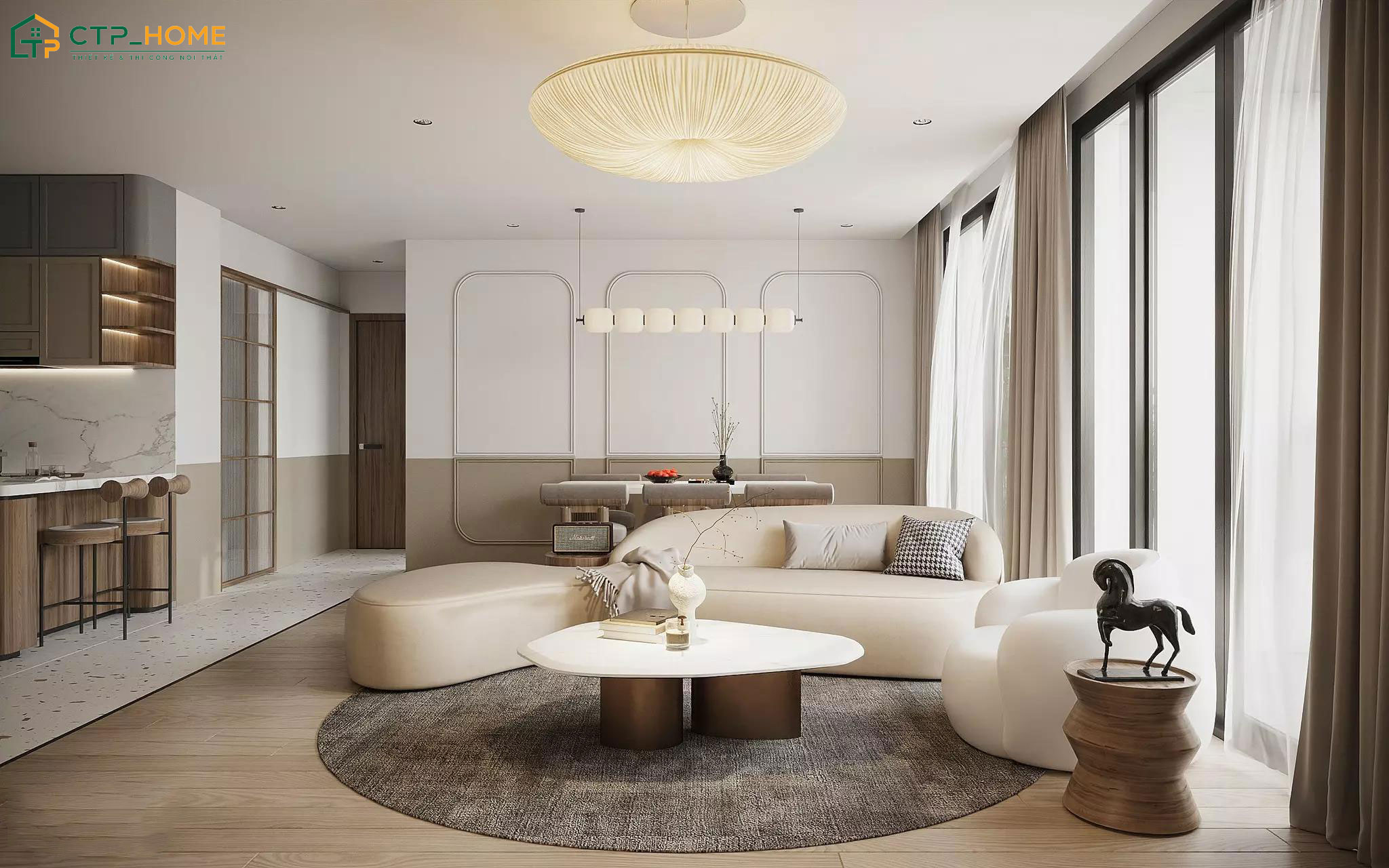 Mẫu nội thất phòng khách đẹp cho chung cư 3 phòng ngủ hiện đại với tone màu beige thanh lịch