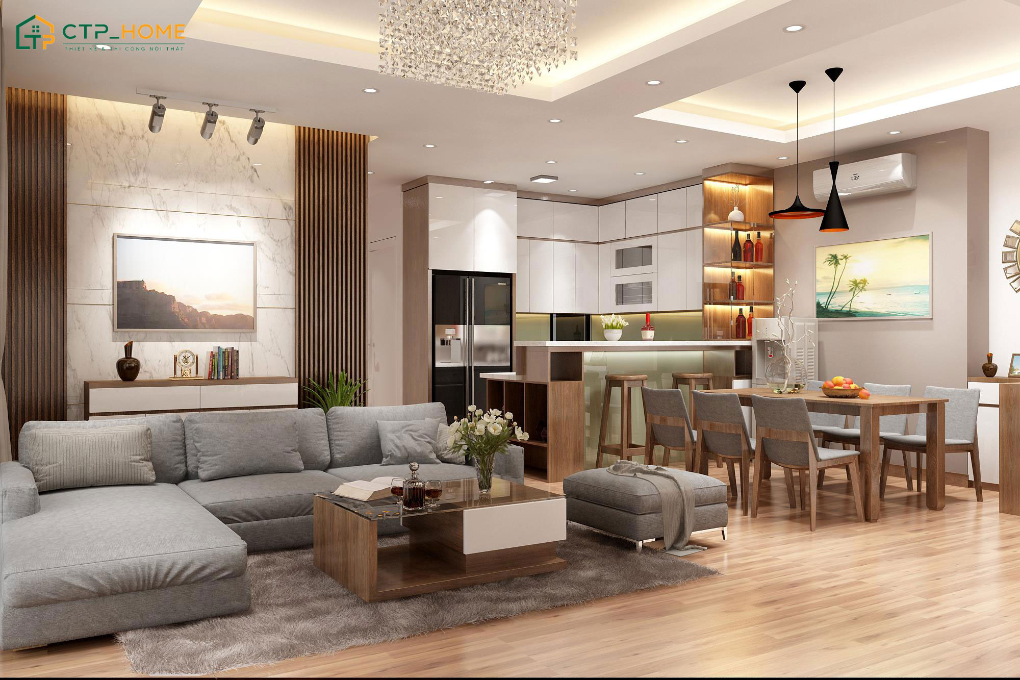 Mẫu thiết kế nội thất phòng khách chung cư 70m2 thông thoáng với bố cục dạng mở