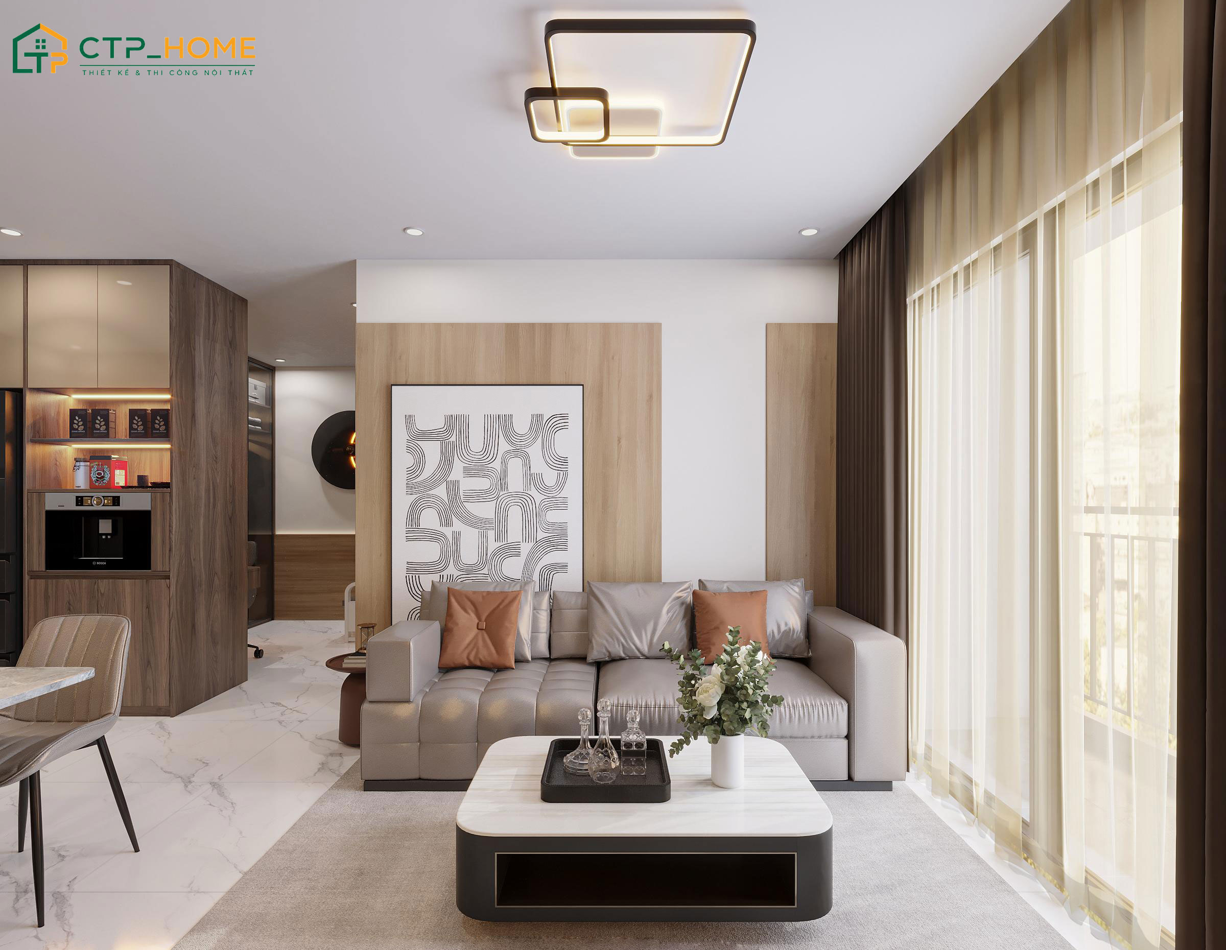 Mẫu phòng khách cho chung cư 70m2 phong cách hiện đại, hài hòa với tổng thể căn nhà