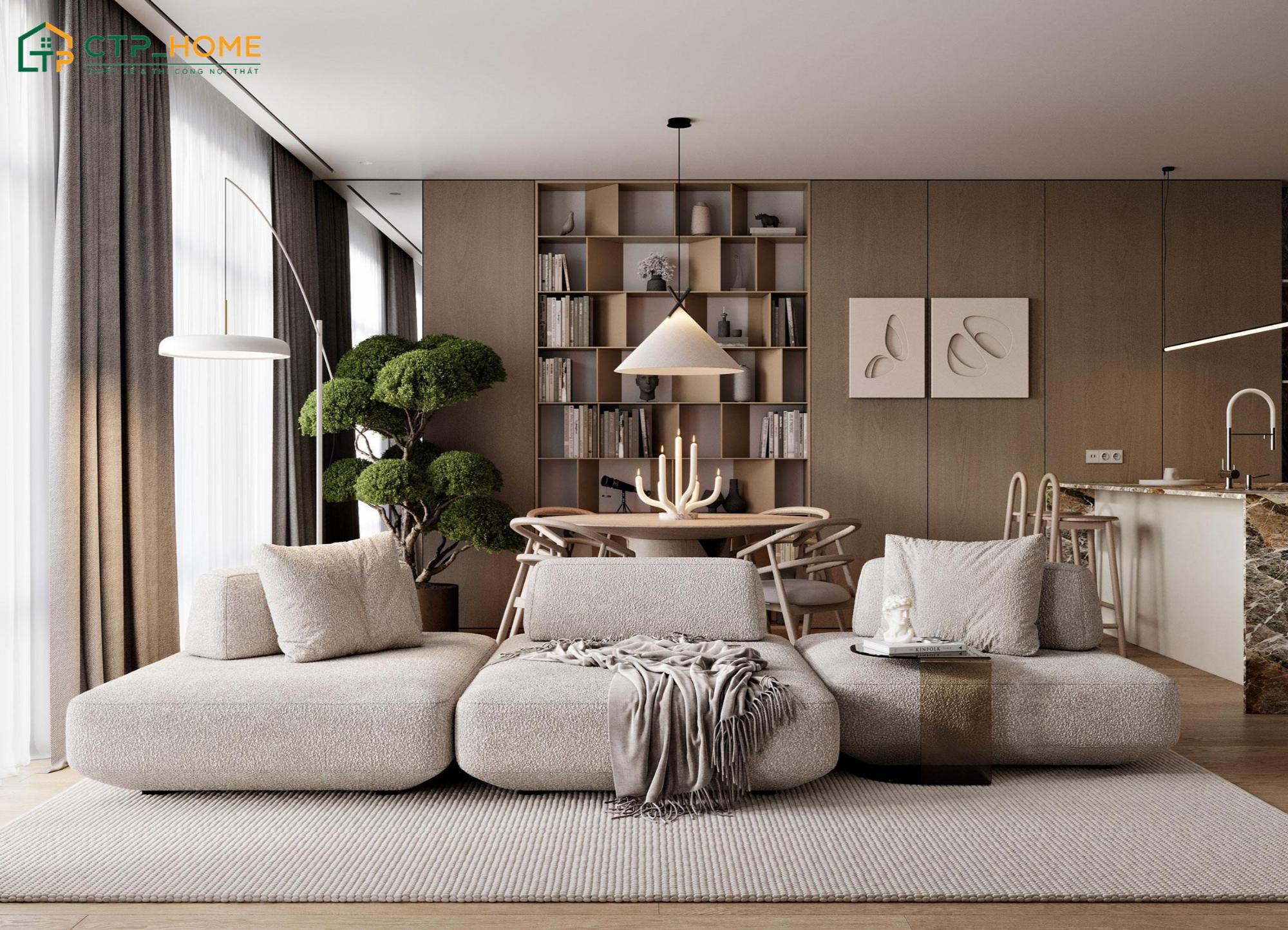 Mẫu phòng khách cho chung cư được bố trí cây xanh giúp thanh lọc không khí hiệu quả