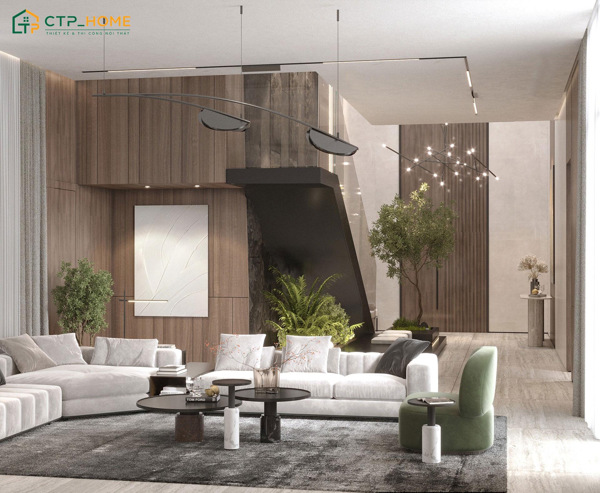 Mẫu phòng khách cho nhà phố 2 tầng với bố cục cân đối, hài hòa giữa công năng và thẩm mỹ