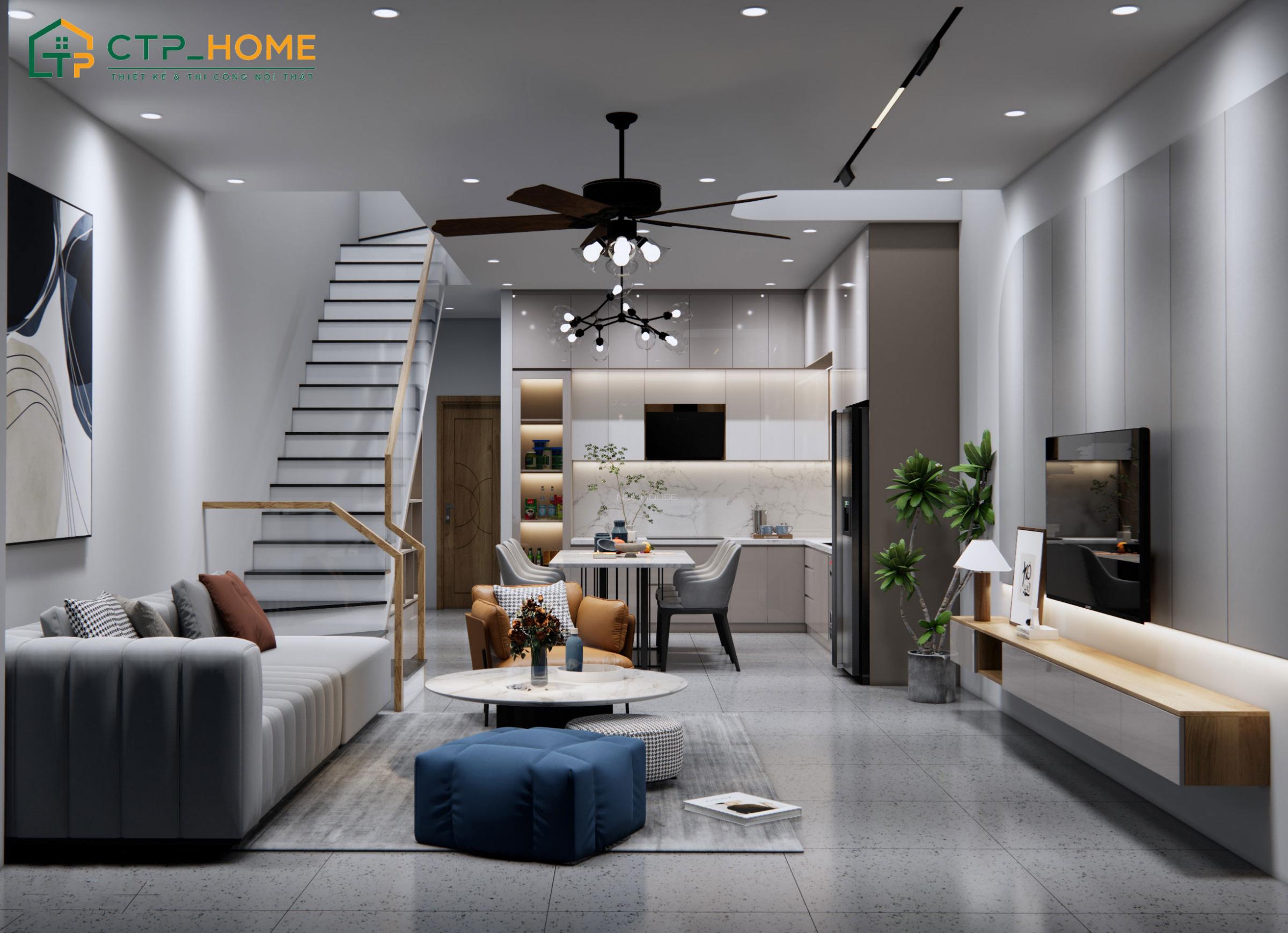 Mẫu phòng khách hiện đại liền thông với phòng bếp giúp căn nhà phố trở nên thông thoáng hơn