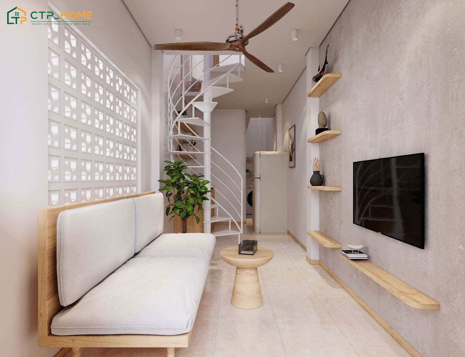 Mẫu thiết kế nội thất phòng khách đẹp hiện đại cho nhà ống 3m sẽ chỉ sử dụng nội thất cần thiết