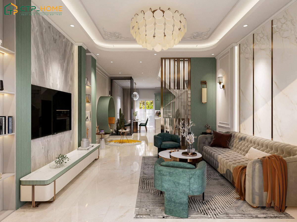 Mẫu phòng khách cho nhà ống 4m sử dụng cách phối màu độc đáo thể hiện rõ cá tính của gia chủ