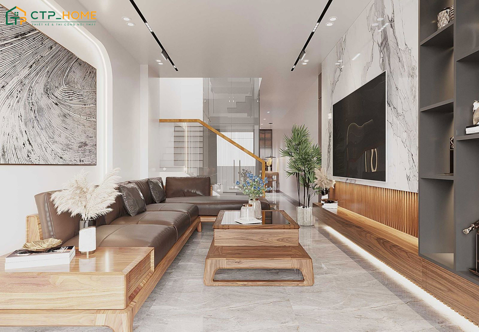 Mẫu thiết kế nội thất phòng khách hiện đại cho nhà ống 5m với đầy đủ nội thất cơ bản
