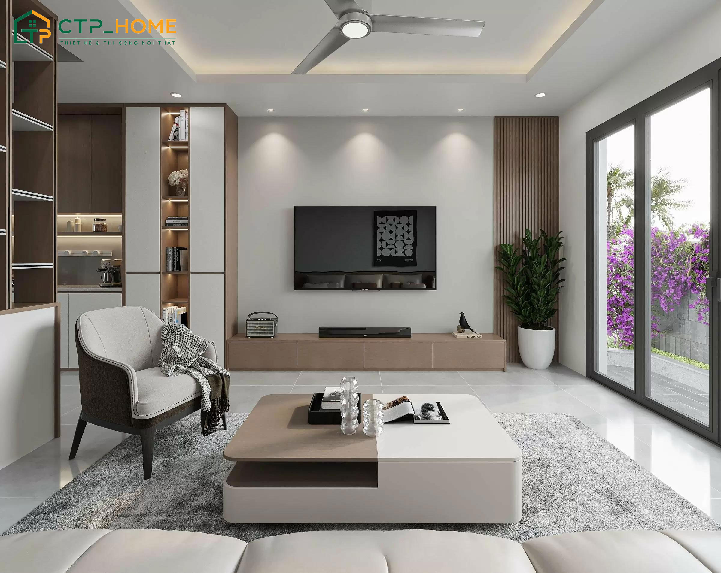 Thiết kế phòng khách hiện đại với kích thước cửa hợp lý giúp không gian luôn thông thoáng